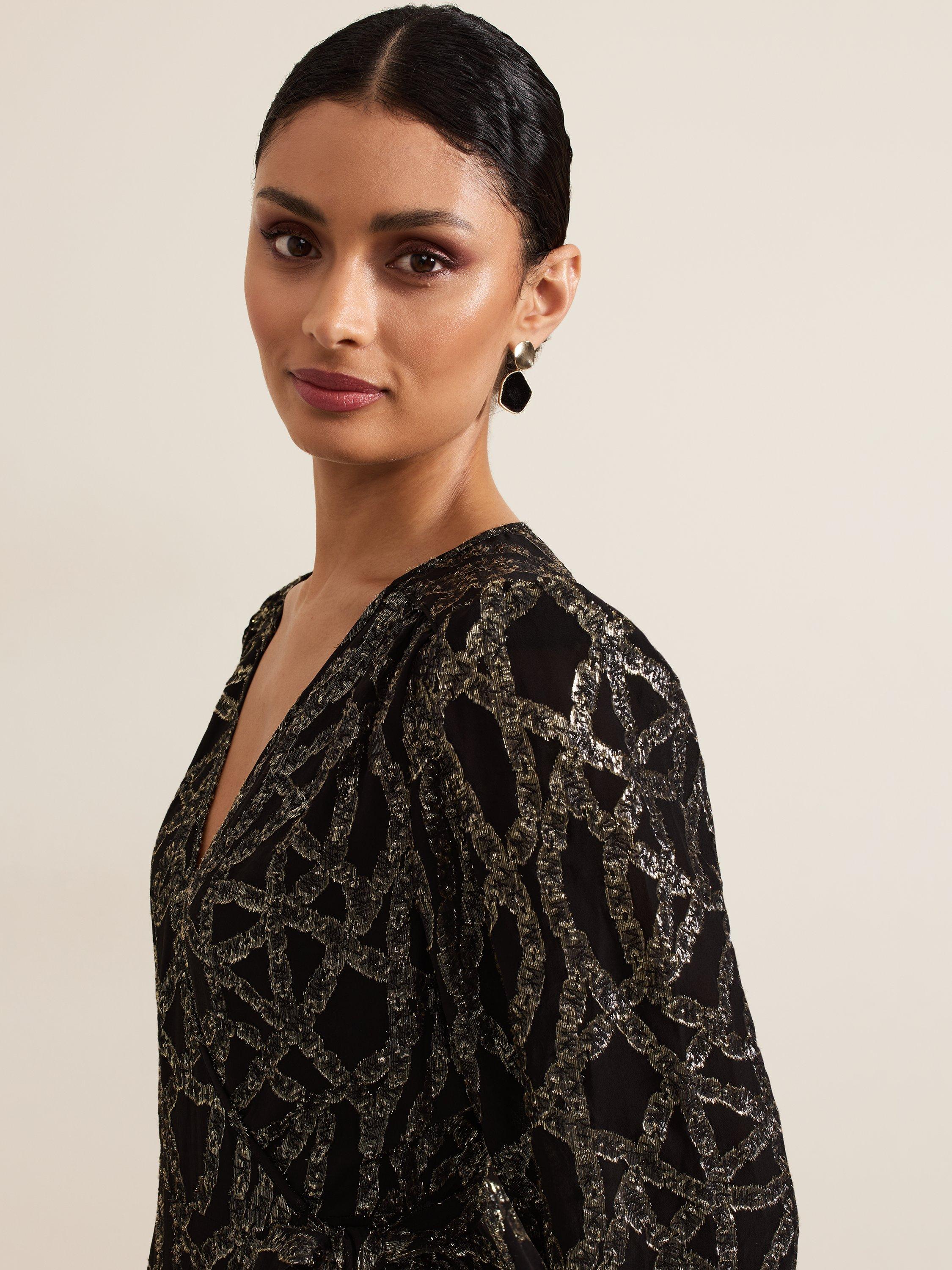 Product image 4 of 8, which shows Phase Eight Jazminda Shimmer Wrap Midi Dress, Black/Multi, 6