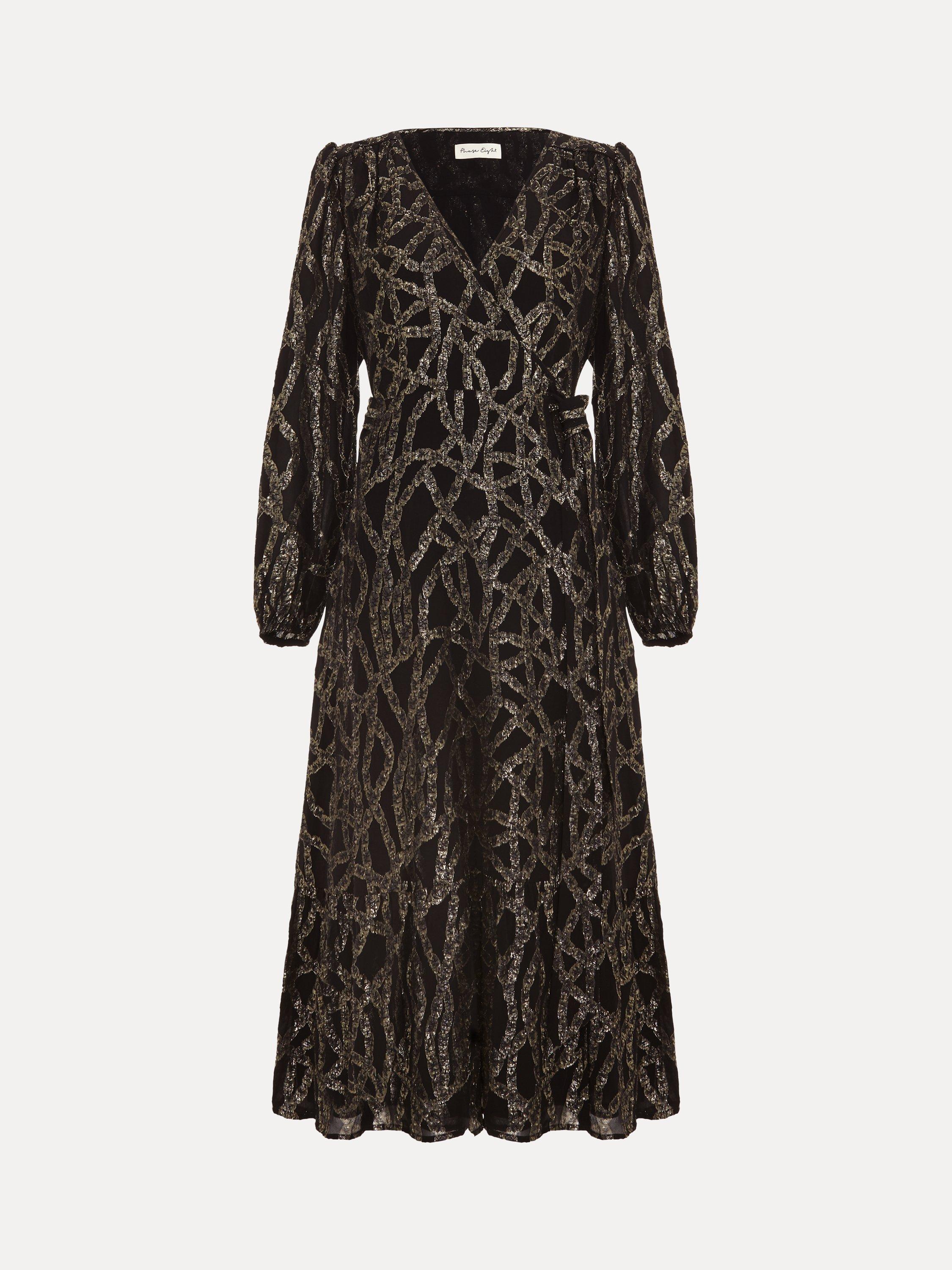 Product image 5 of 8, which shows Phase Eight Jazminda Shimmer Wrap Midi Dress, Black/Multi, 6
