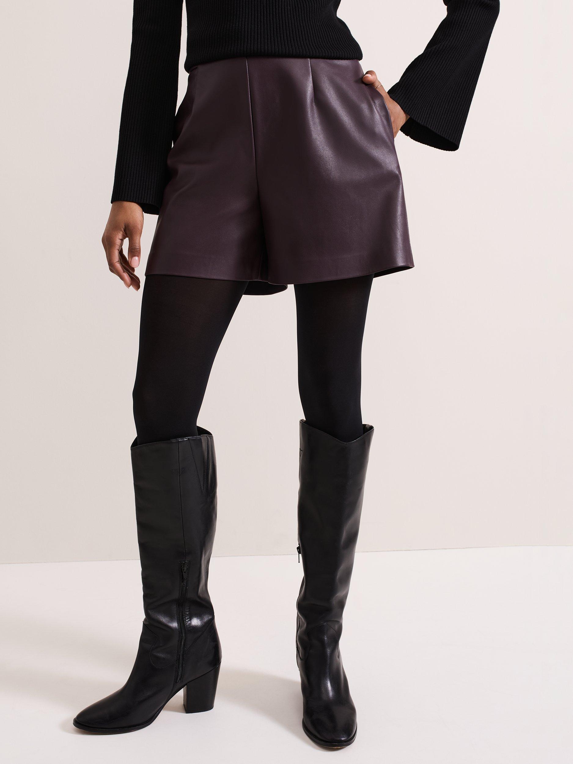 Product image 1 of 9, which shows Phase Eight Aubrina Faux Leather Shorts, Burgundy, 16