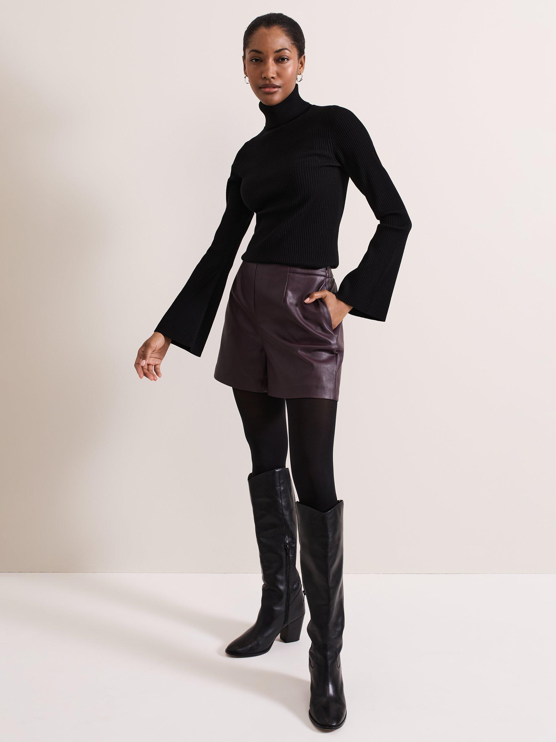 Product image 4 of 9, which shows Phase Eight Aubrina Faux Leather Shorts, Burgundy, 16