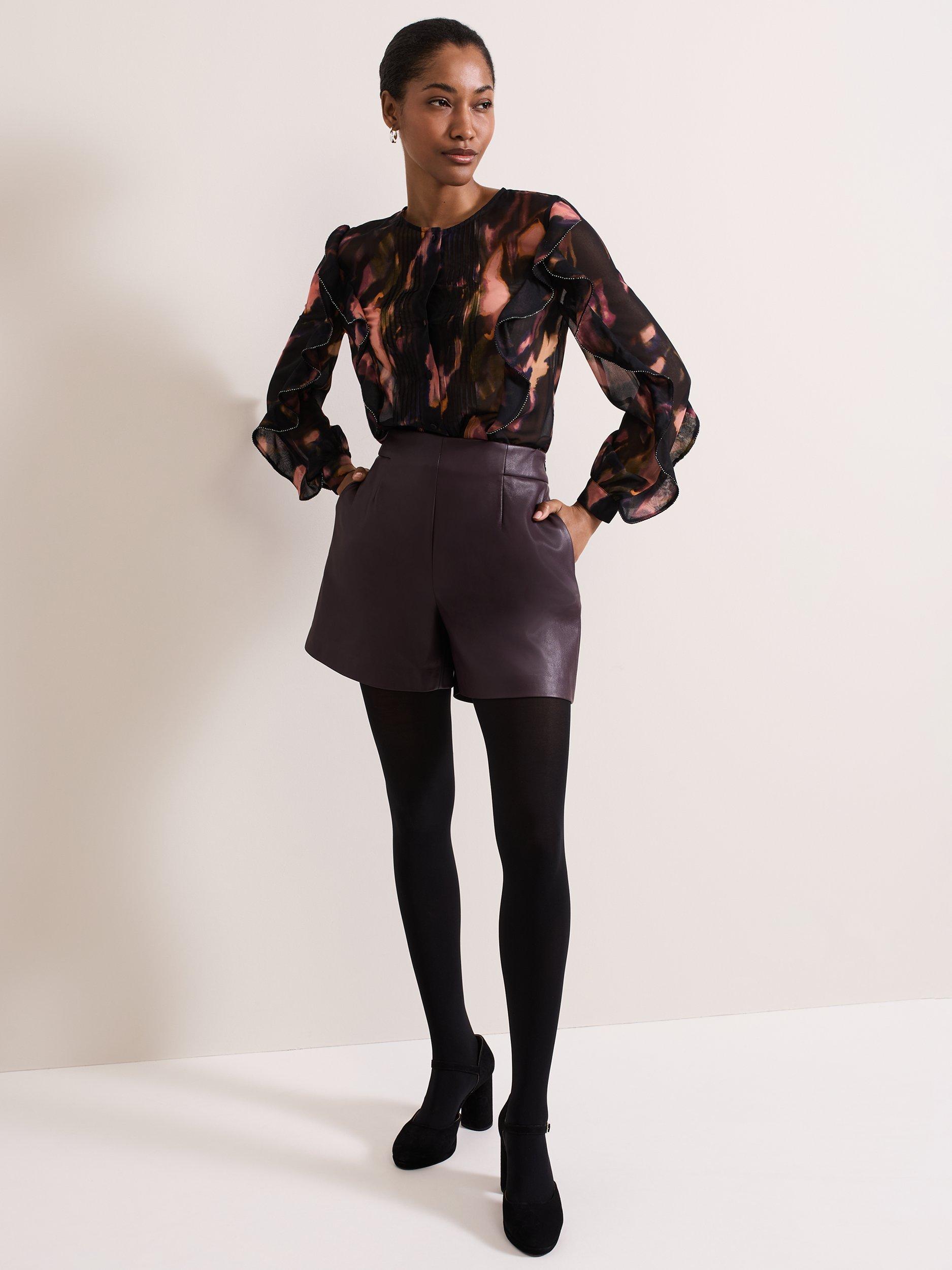 Product image 8 of 9, which shows Phase Eight Aubrina Faux Leather Shorts, Burgundy, 16