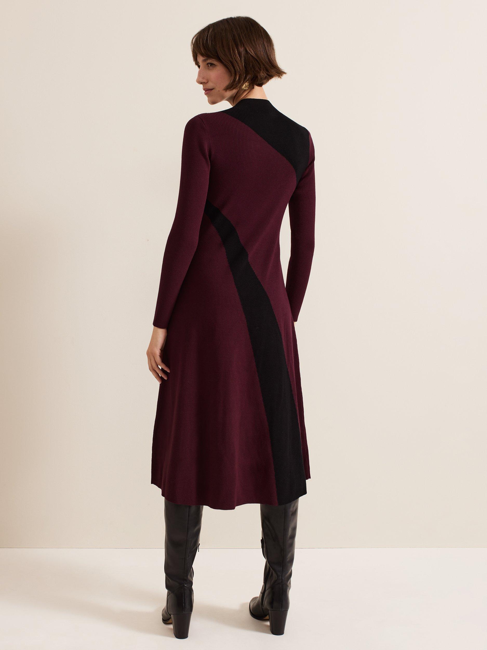 Product image 2 of 9, which shows Phase Eight Julie Ribbed Midi Dress, Burgundy/Black, 10