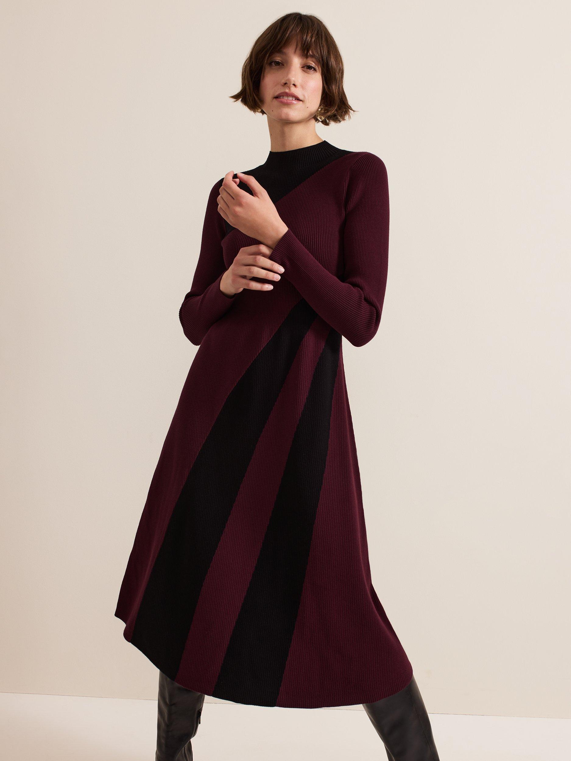 Product image 3 of 9, which shows Phase Eight Julie Ribbed Midi Dress, Burgundy/Black, 10