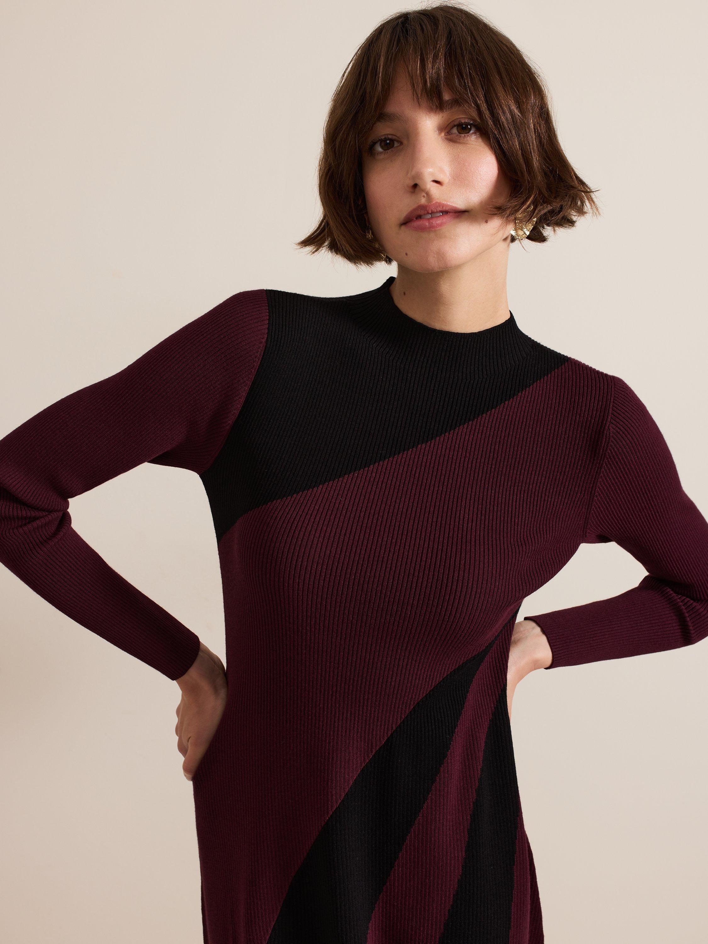 Product image 4 of 9, which shows Phase Eight Julie Ribbed Midi Dress, Burgundy/Black, 10