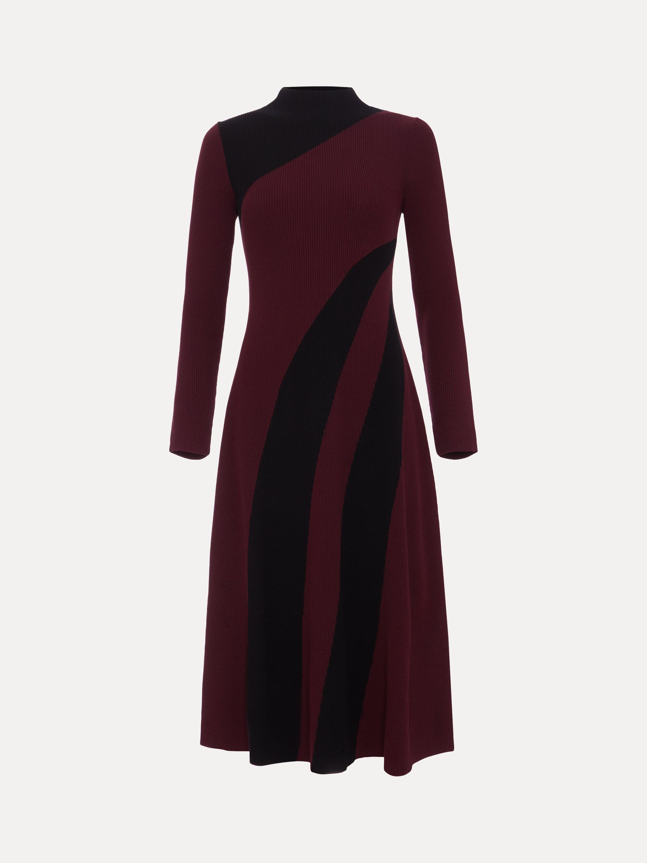 Product image 5 of 9, which shows Phase Eight Julie Ribbed Midi Dress, Burgundy/Black, 10