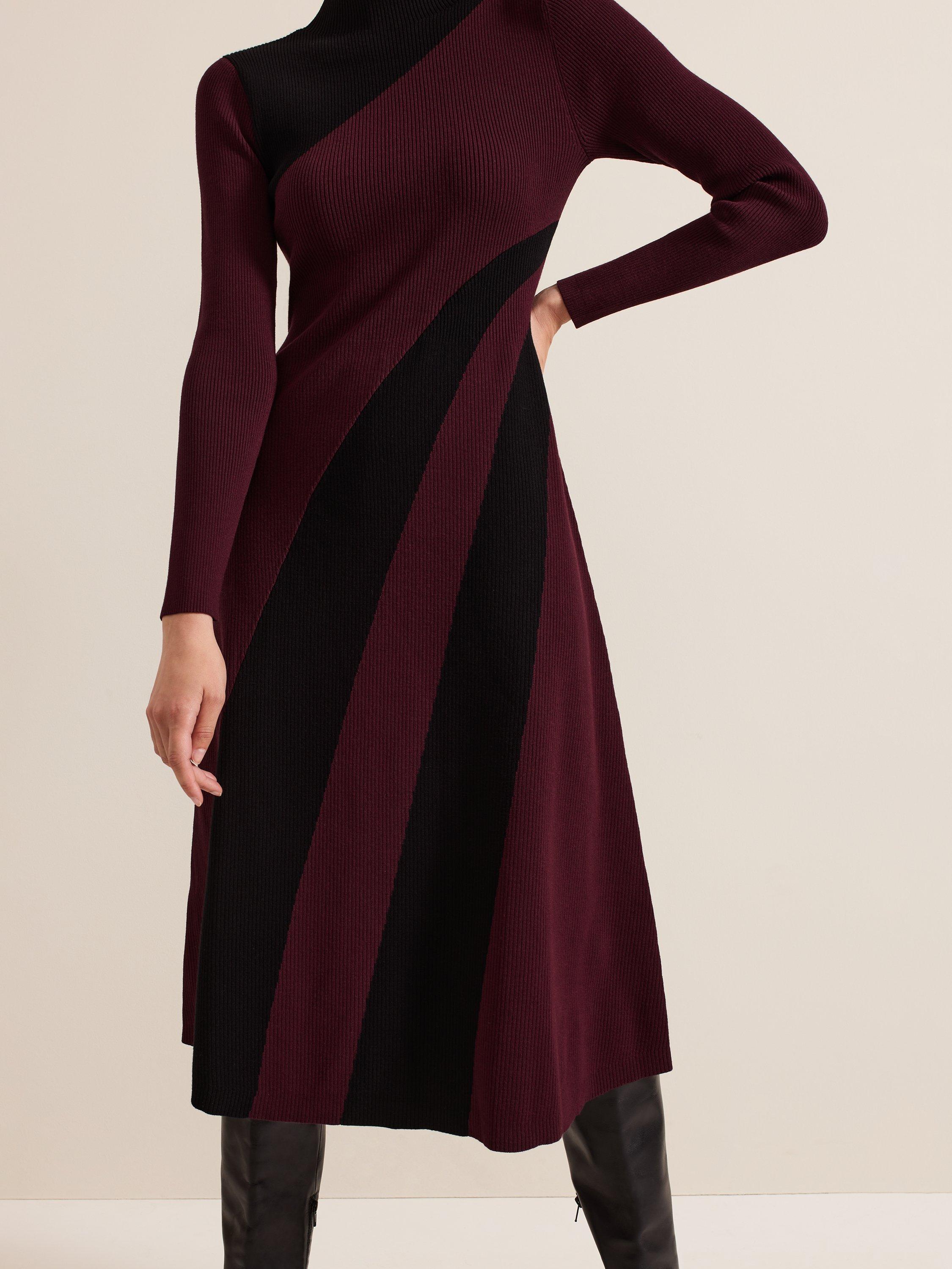 Product image 7 of 9, which shows Phase Eight Julie Ribbed Midi Dress, Burgundy/Black, 10