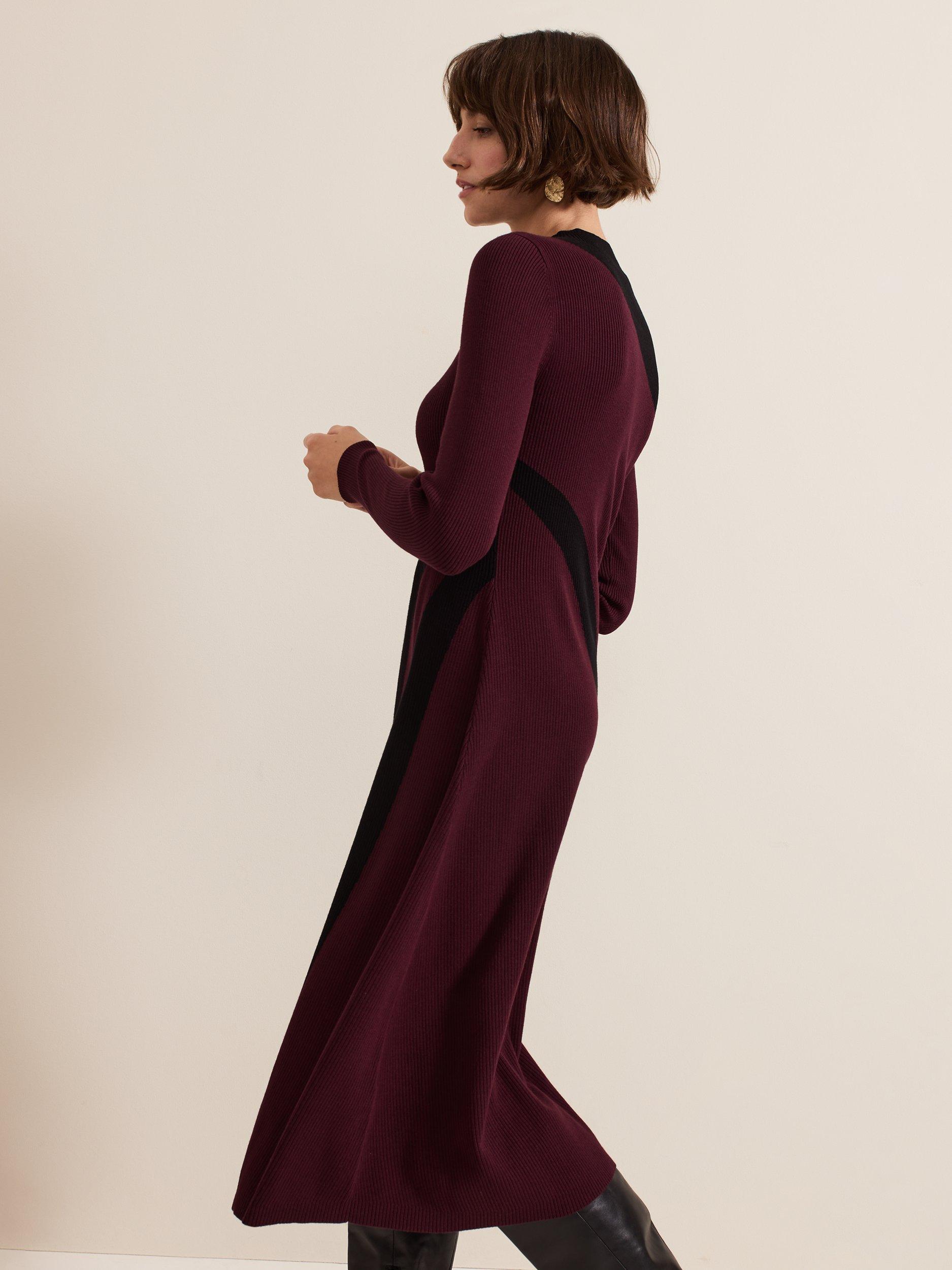 Product image 8 of 9, which shows Phase Eight Julie Ribbed Midi Dress, Burgundy/Black, 10
