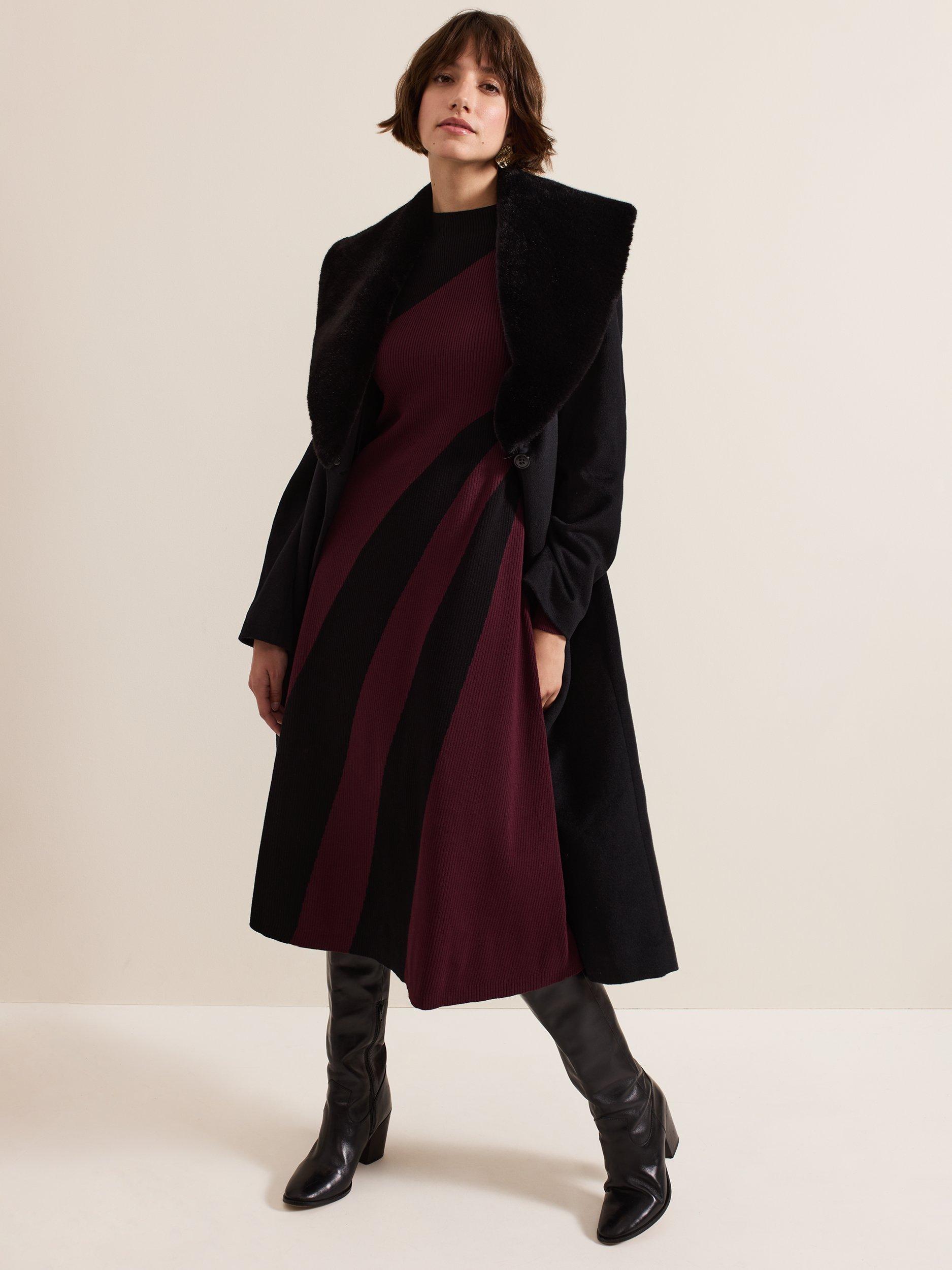 Product image 9 of 9, which shows Phase Eight Julie Ribbed Midi Dress, Burgundy/Black, 10