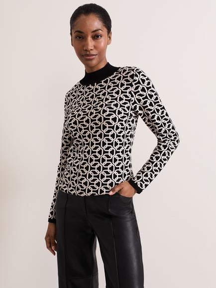 Phase Eight Callie Chain Print Knit Top, Black/Ivory, Black/Ivory