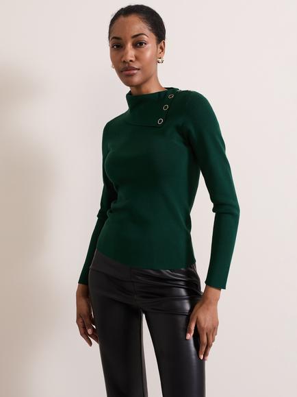 Phase Eight Regina Collar Ribbed Top, Dark Green, Dark Green