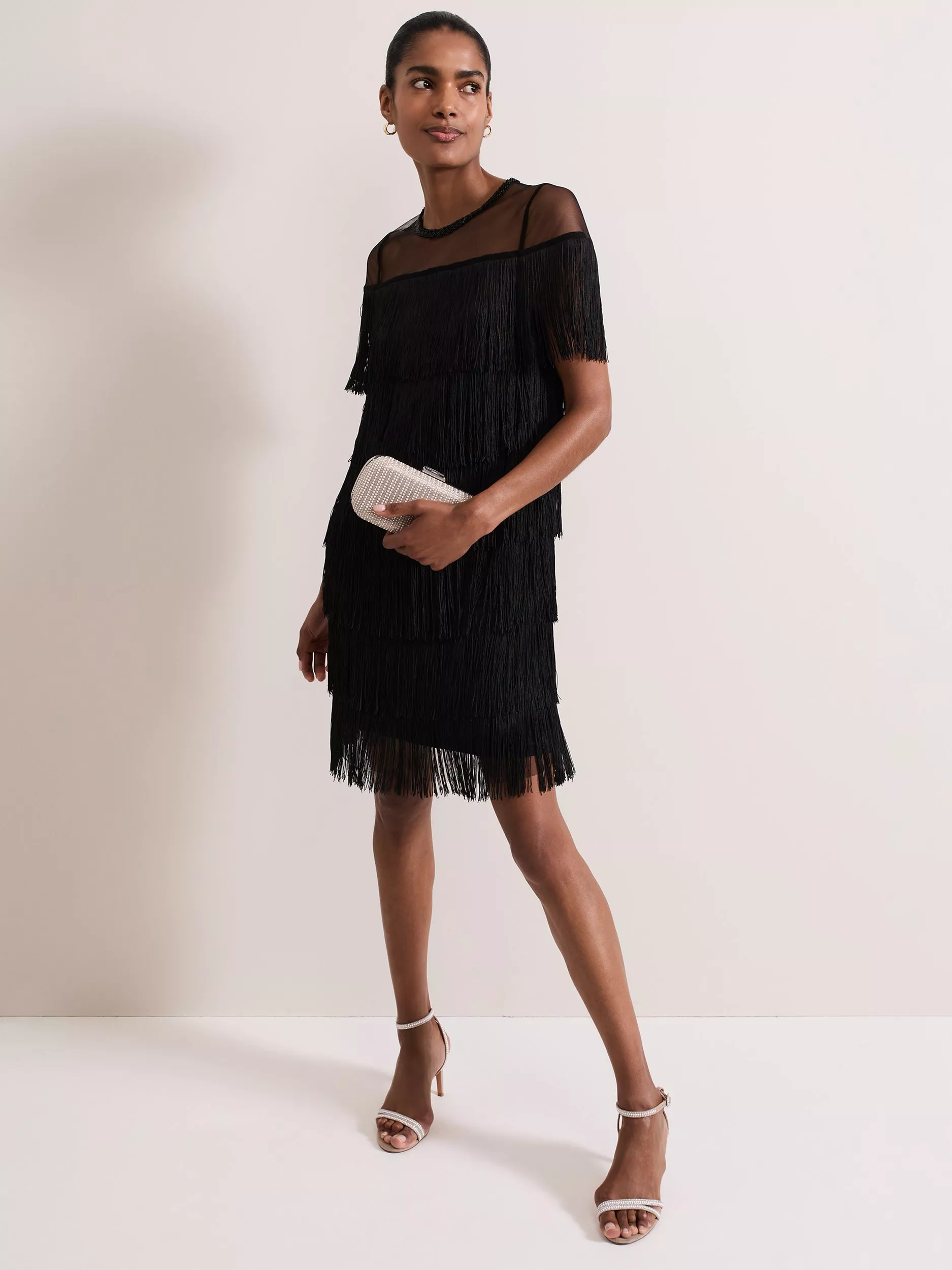 Phase Eight Viola Fringe Mini Dress Black