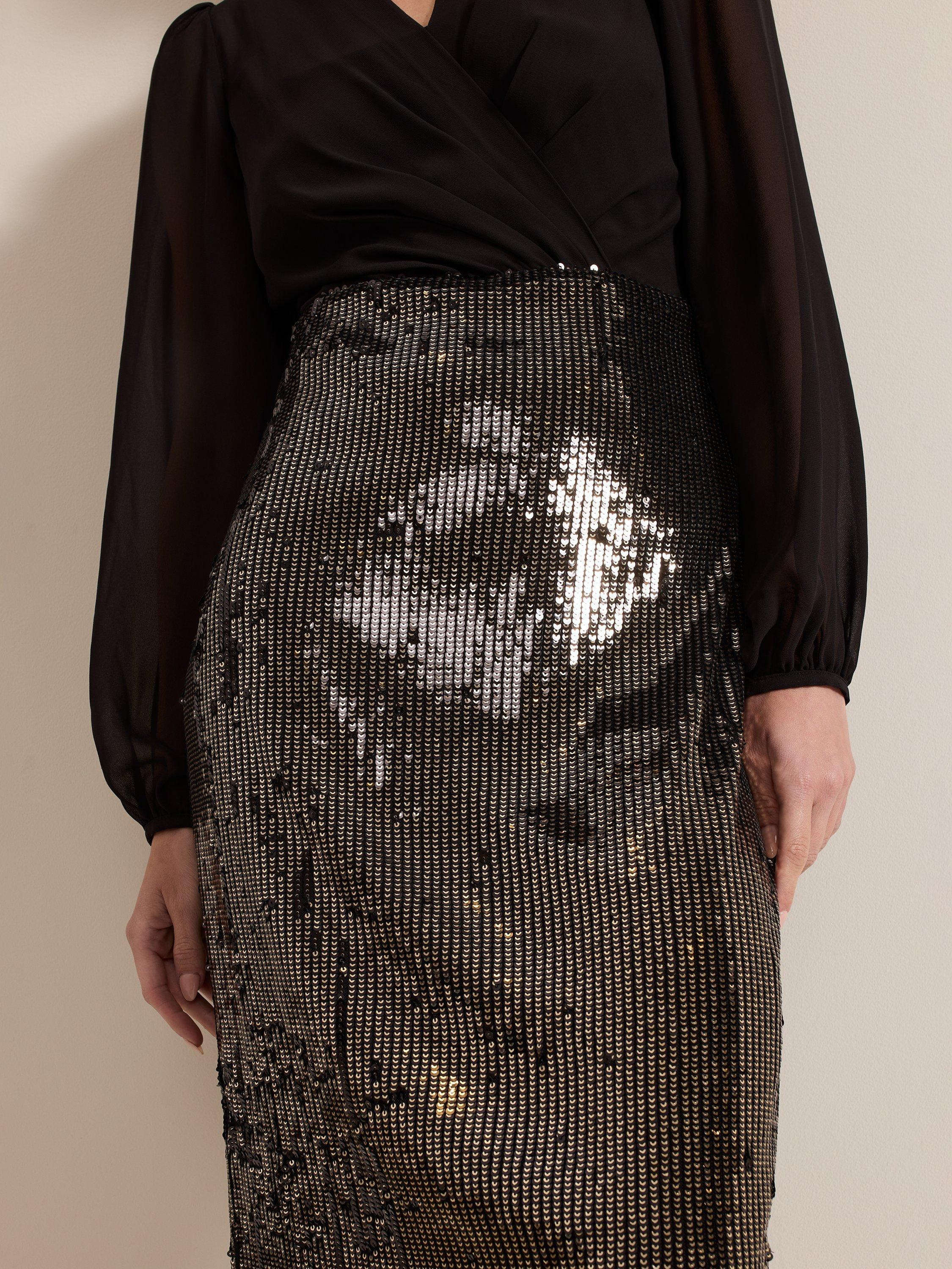 Product image 4 of 7, which shows Phase Eight Petite Aniya Sequin Dress, Black/Multi, 8