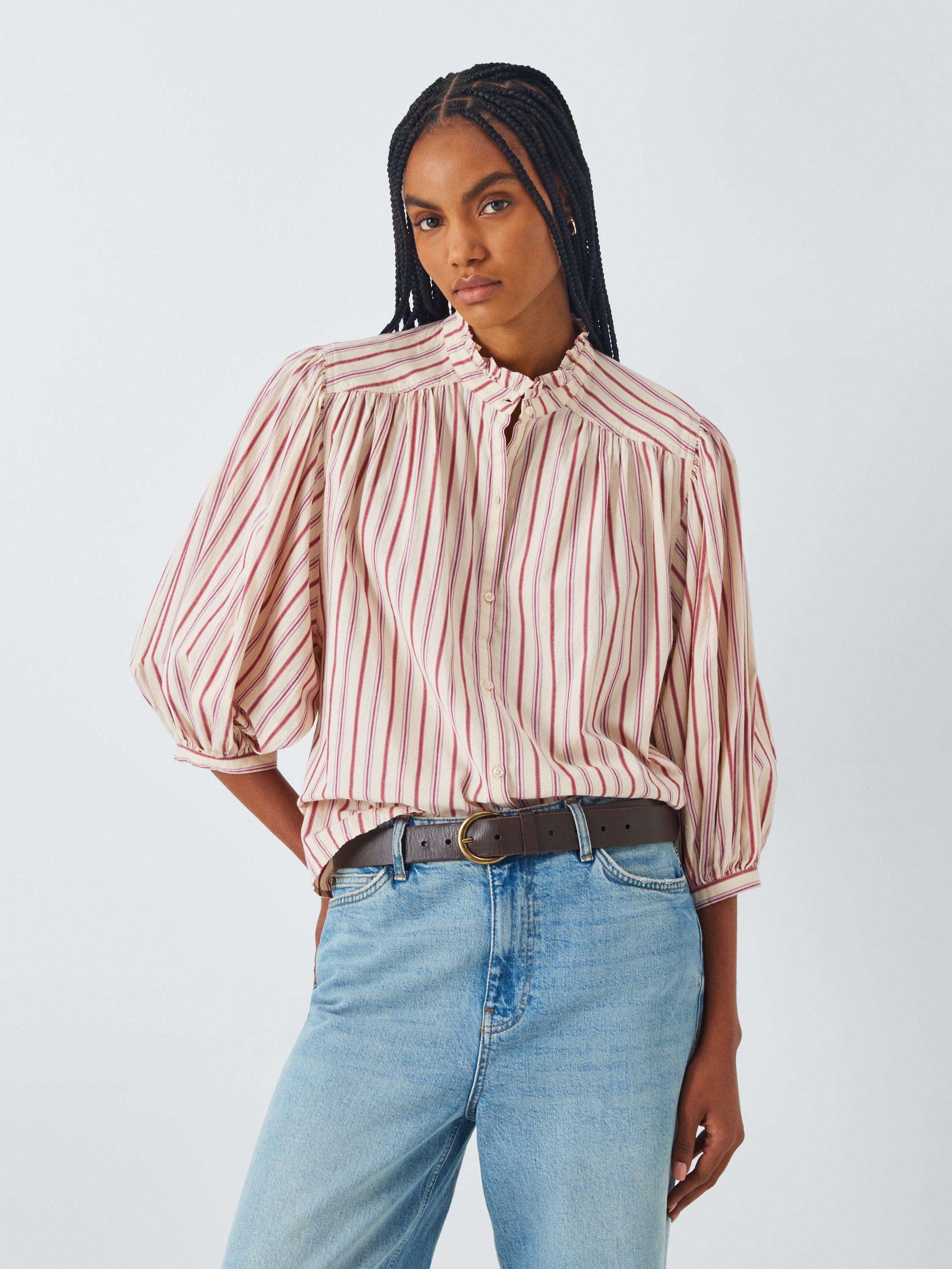 Product image 1 of 6, which shows AND/OR Kate Ruffle Neck Striped Cotton Blouse, Pink/Multi, 12