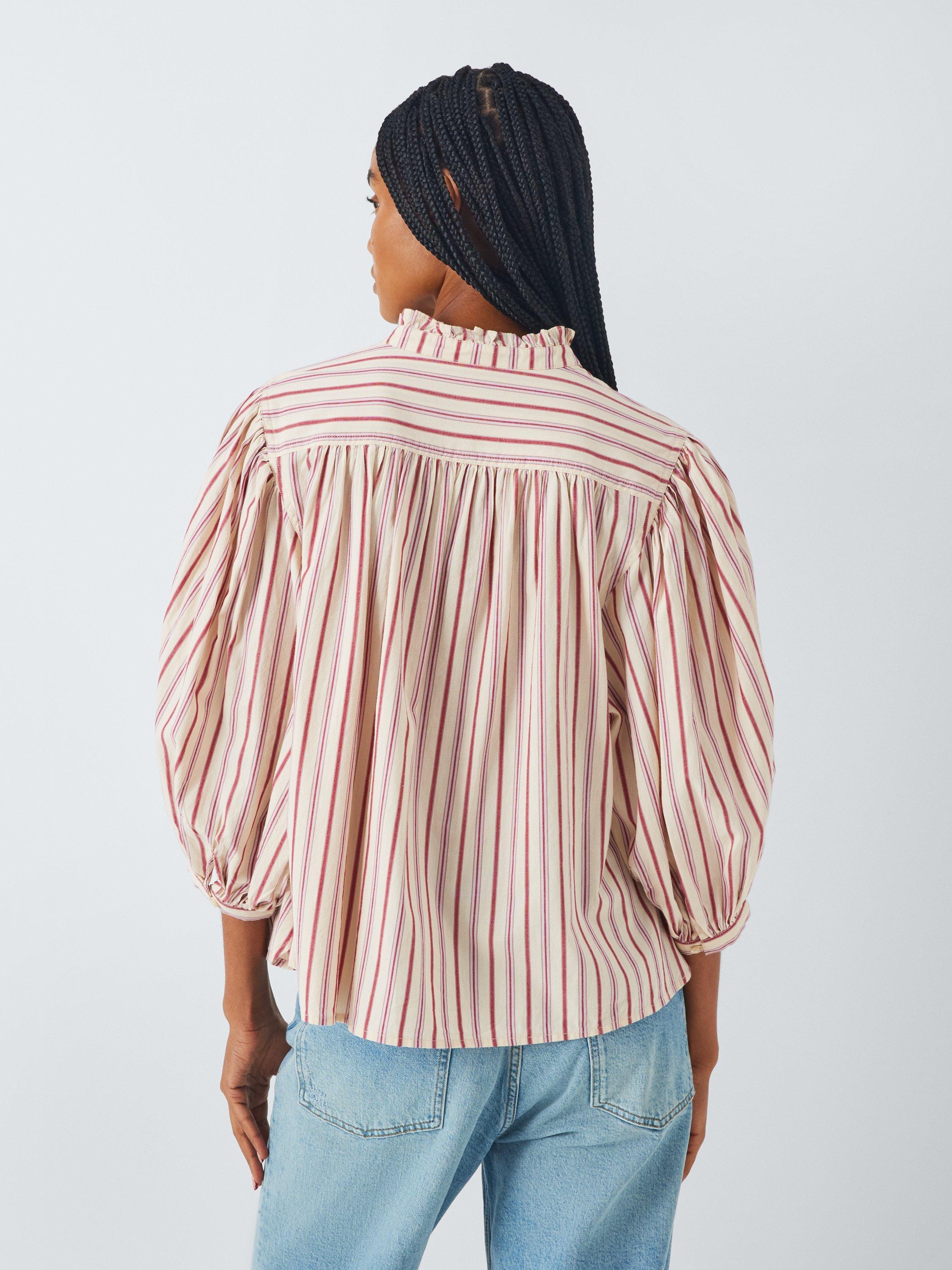 Product image 2 of 6, which shows AND/OR Kate Ruffle Neck Striped Cotton Blouse, Pink/Multi, 12