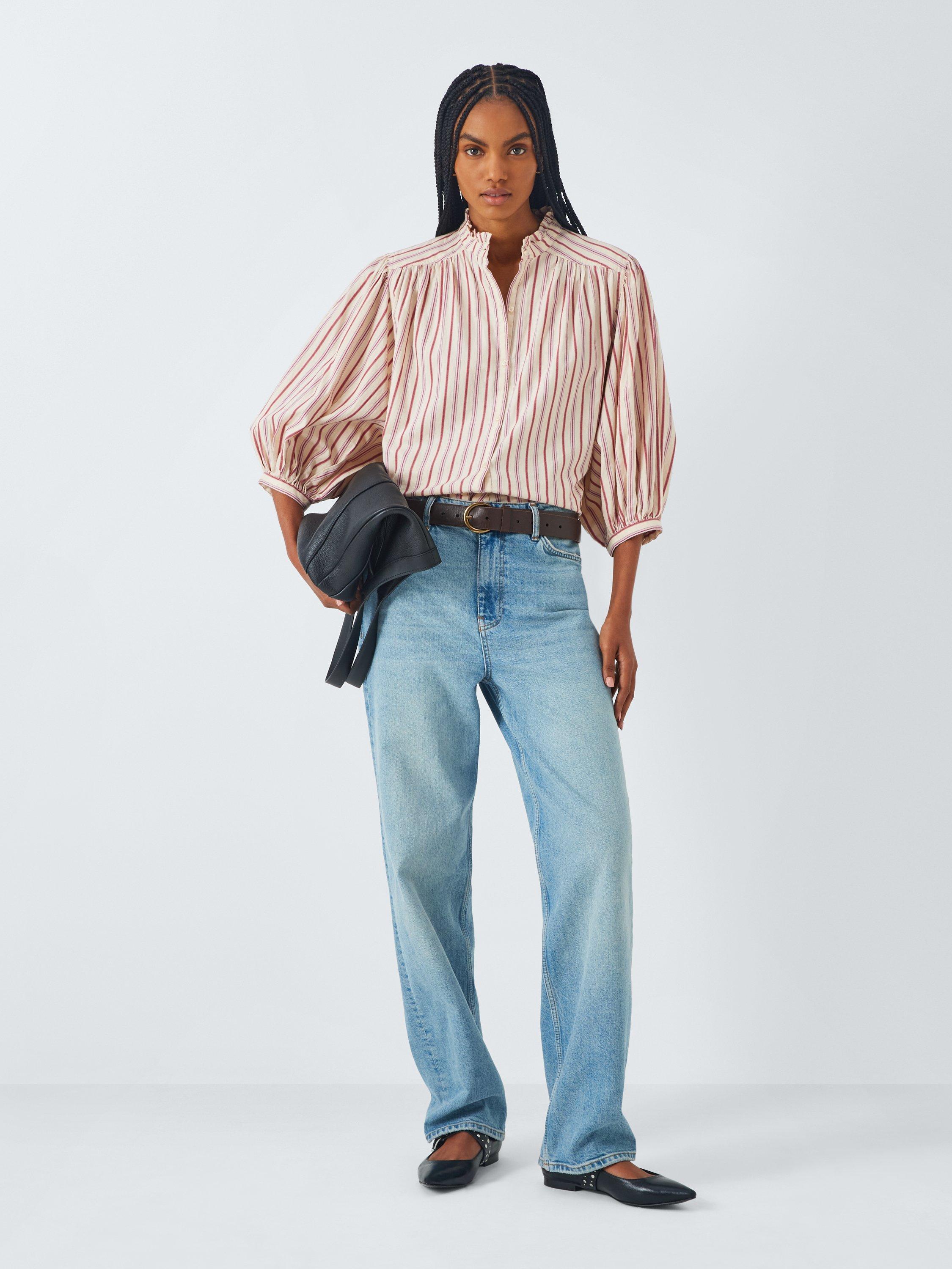Product image 3 of 6, which shows AND/OR Kate Ruffle Neck Striped Cotton Blouse, Pink/Multi, 12
