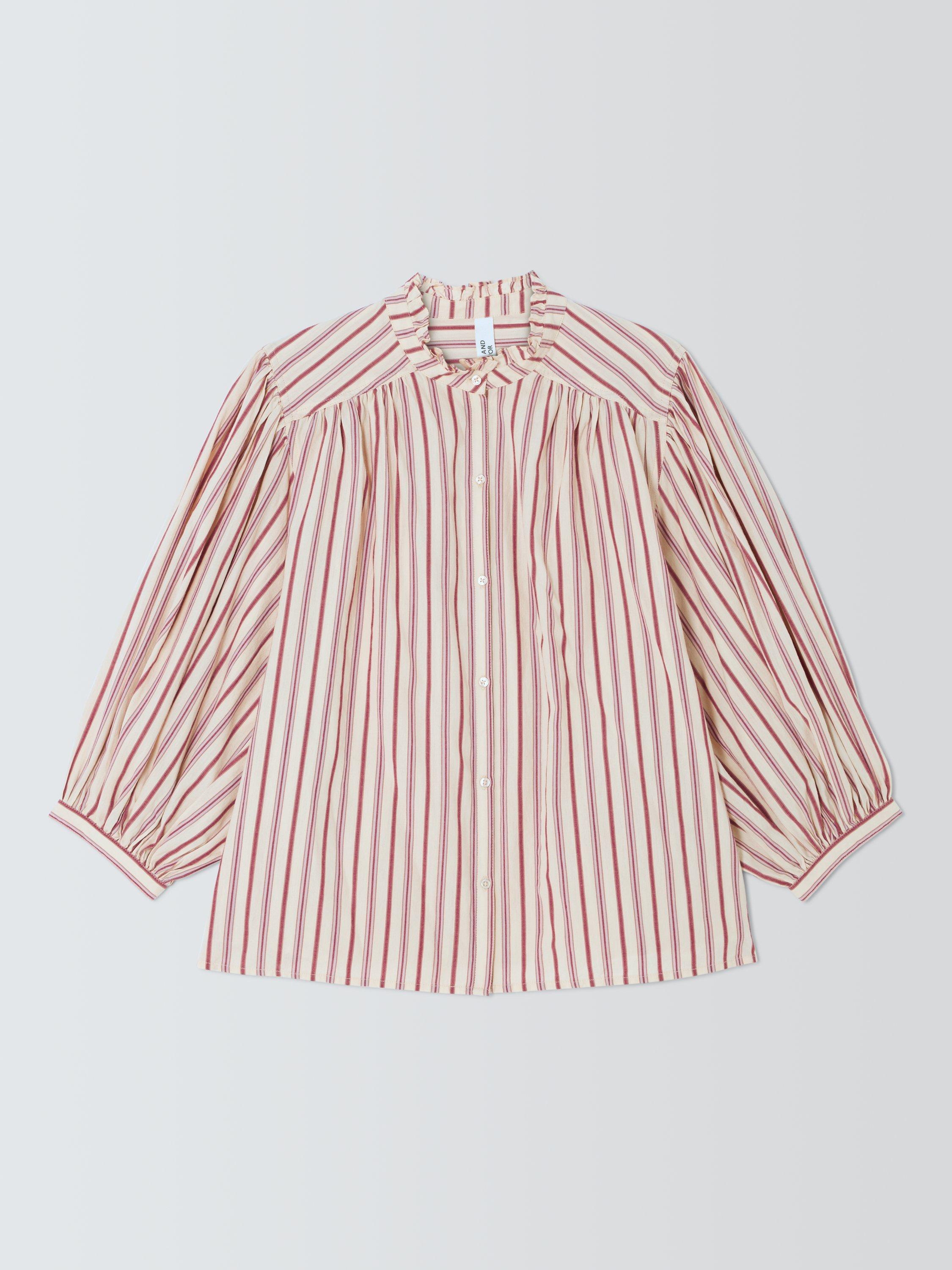 Product image 4 of 6, which shows AND/OR Kate Ruffle Neck Striped Cotton Blouse, Pink/Multi, 12