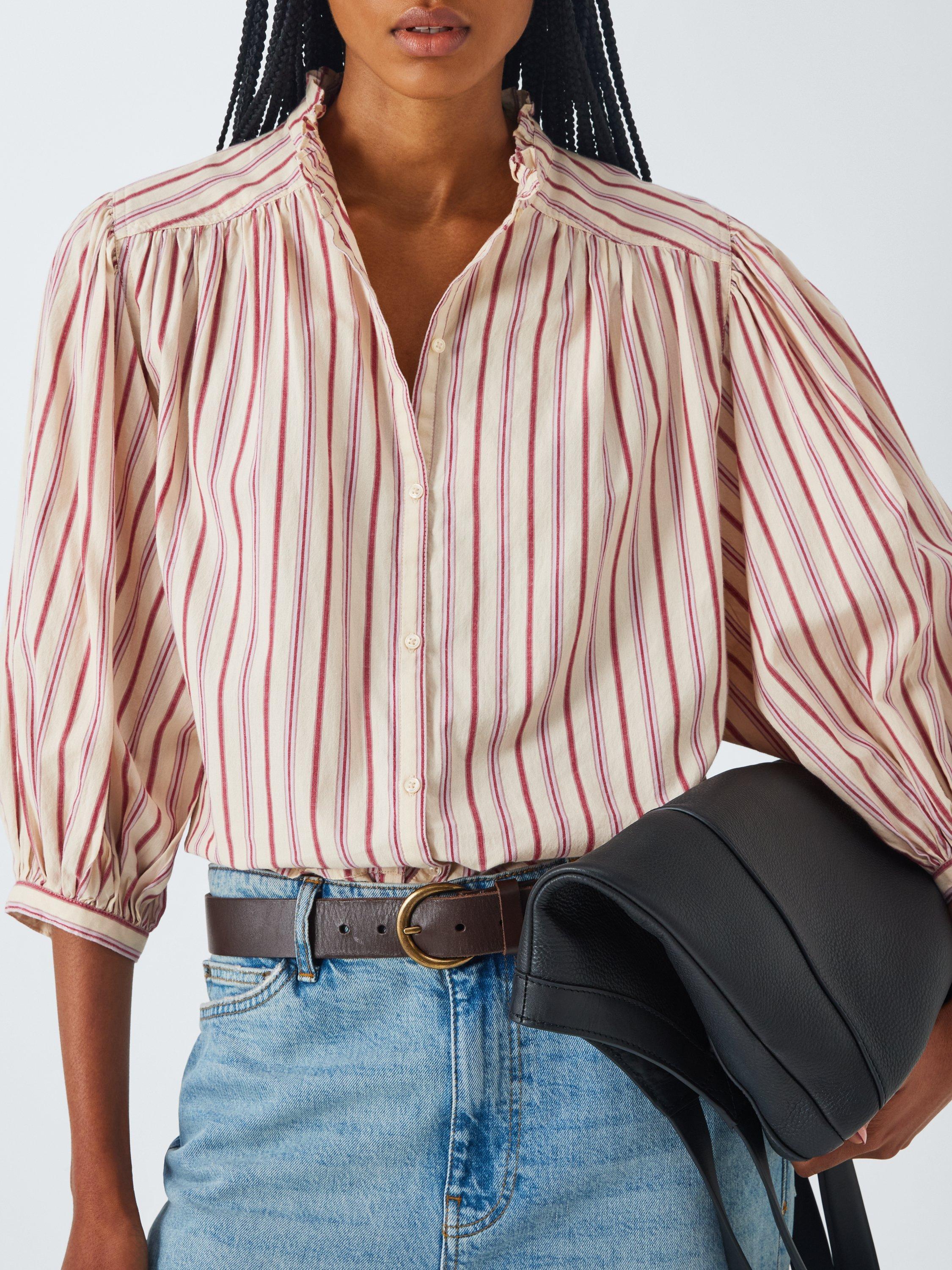 Product image 5 of 6, which shows AND/OR Kate Ruffle Neck Striped Cotton Blouse, Pink/Multi, 12