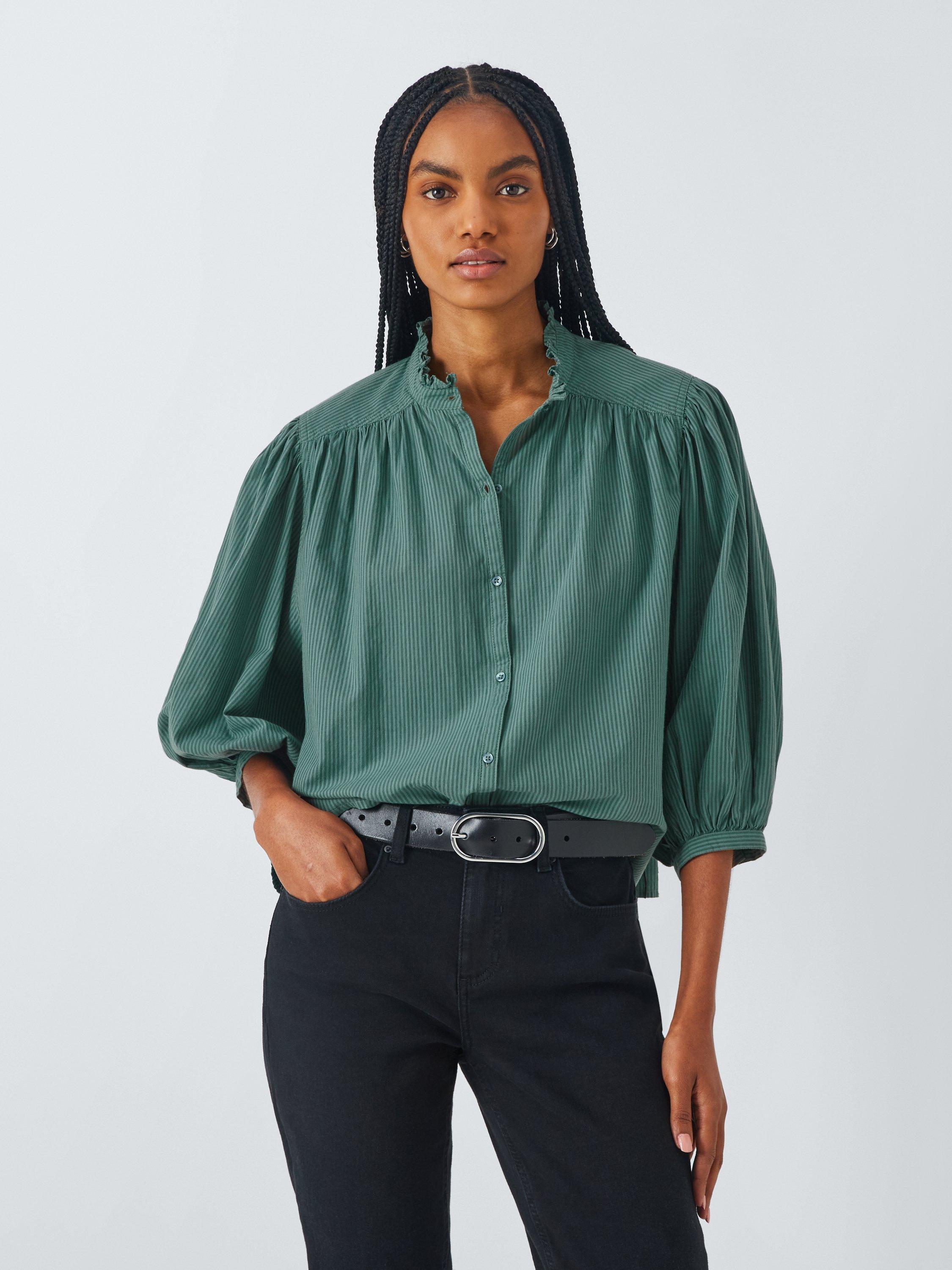 Product image 1 of 6, which shows AND/OR Kate Stripe Ruffle Neck Shirt, Green Stripe, 6