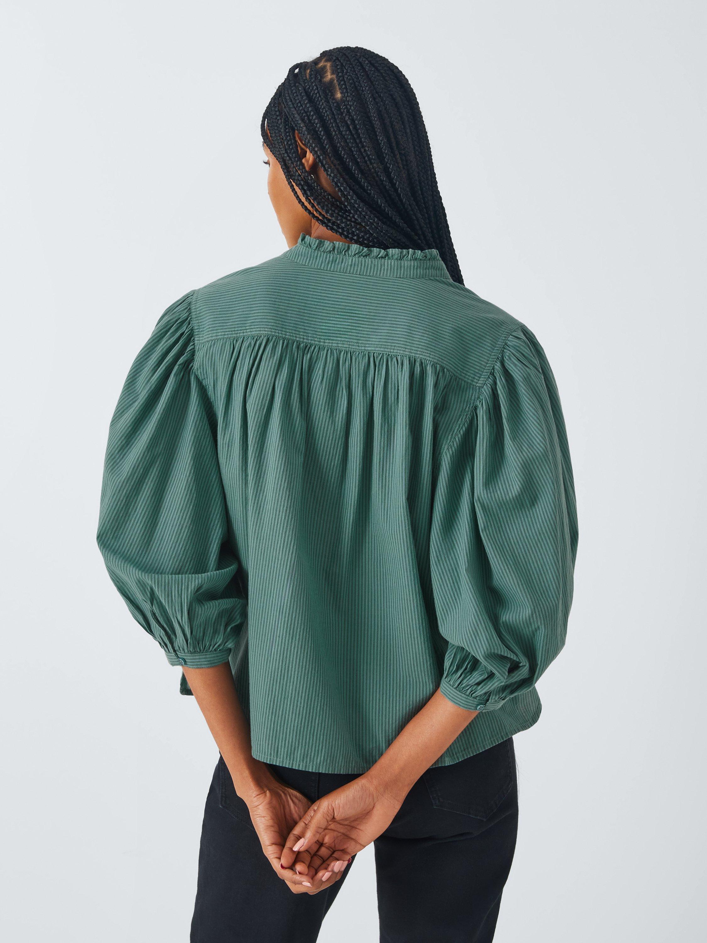 Product image 2 of 6, which shows AND/OR Kate Stripe Ruffle Neck Shirt, Green Stripe, 6