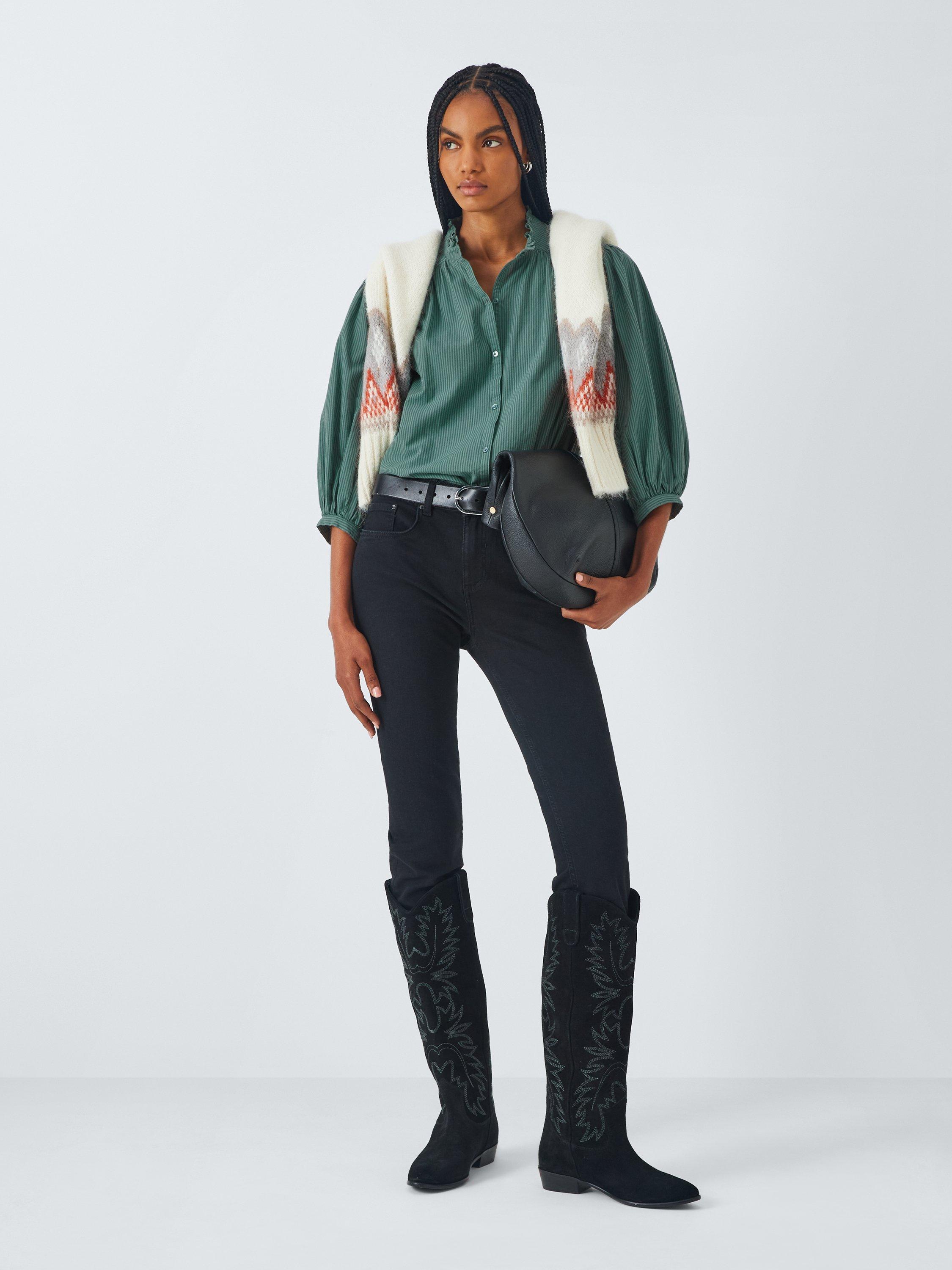 Product image 3 of 6, which shows AND/OR Kate Stripe Ruffle Neck Shirt, Green Stripe, 6
