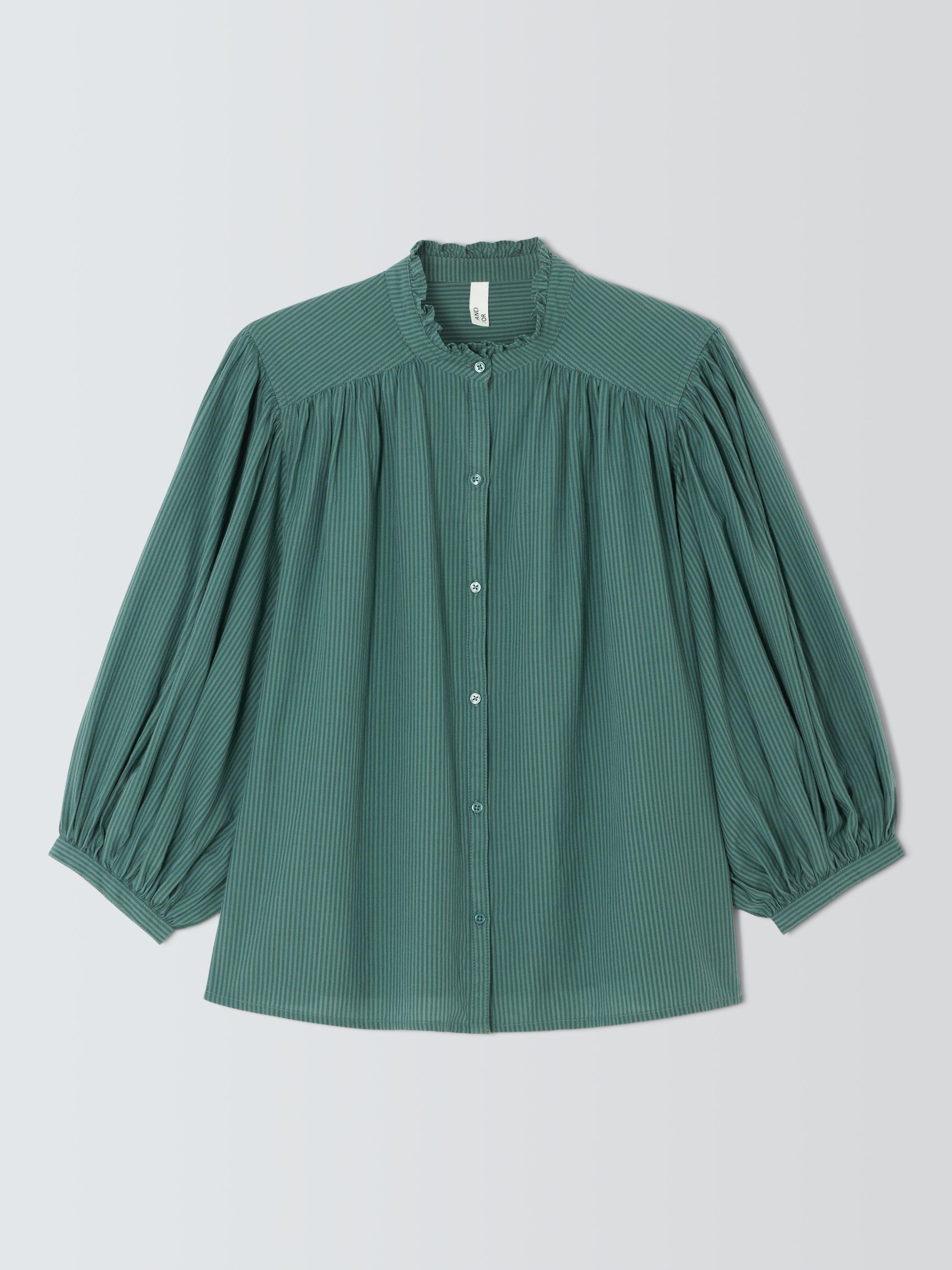 Product image 4 of 6, which shows AND/OR Kate Stripe Ruffle Neck Shirt, Green Stripe, 6