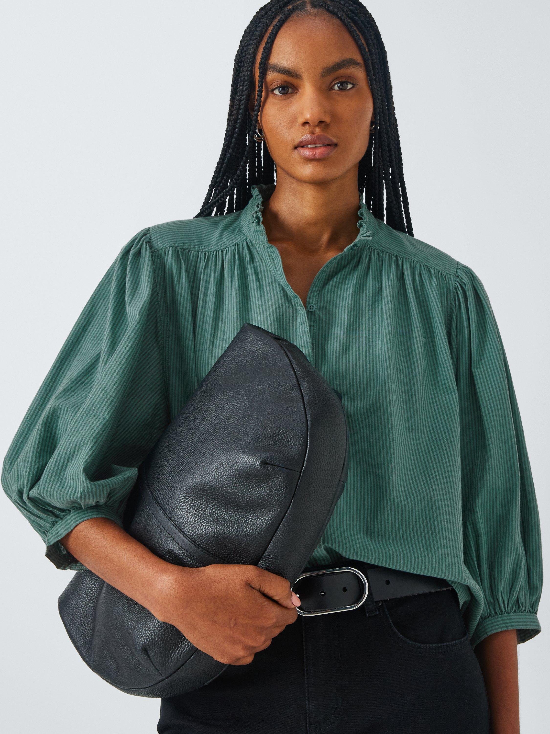 Product image 5 of 6, which shows AND/OR Kate Stripe Ruffle Neck Shirt, Green Stripe, 6