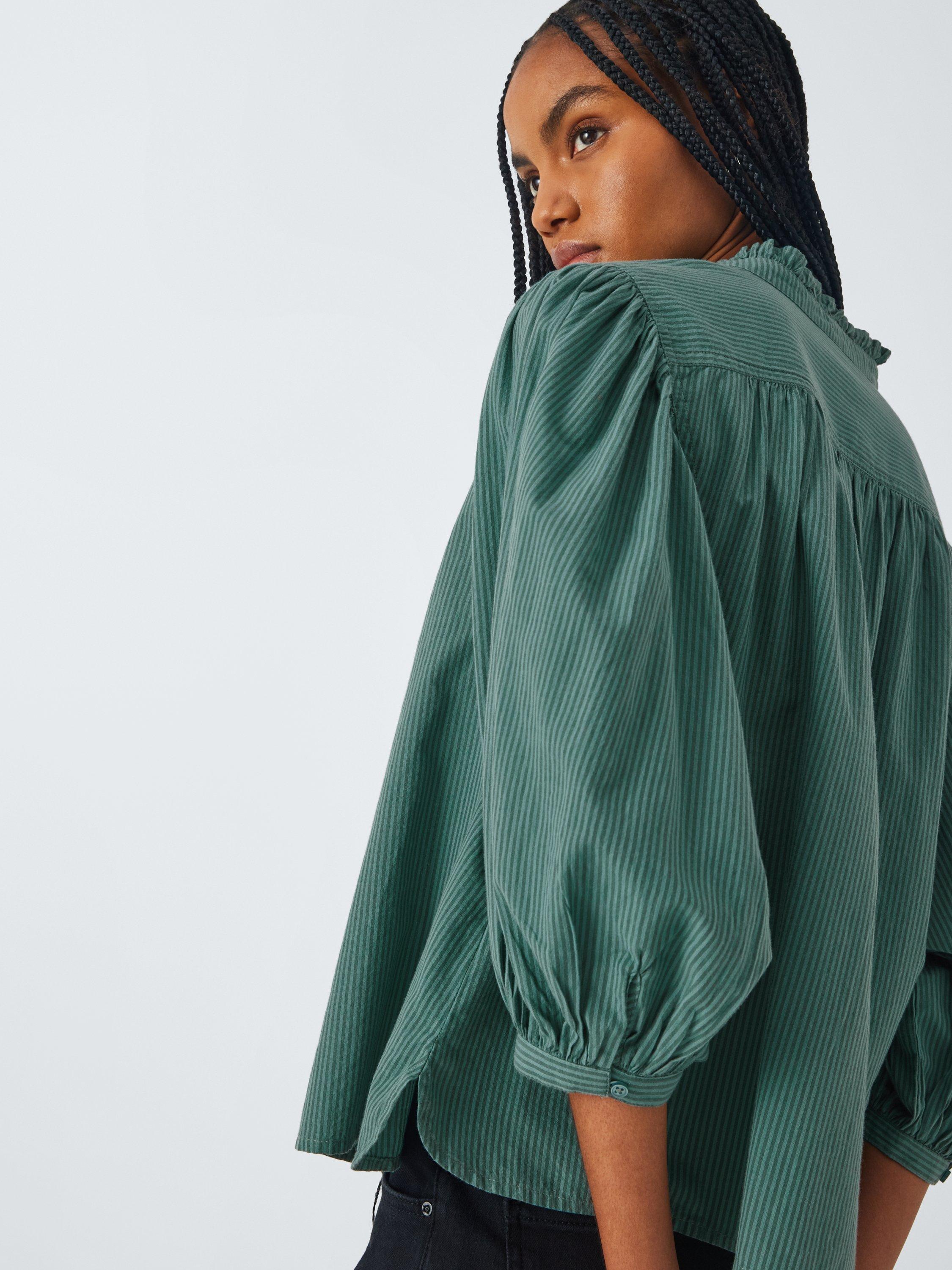 Product image 6 of 6, which shows AND/OR Kate Stripe Ruffle Neck Shirt, Green Stripe, 6