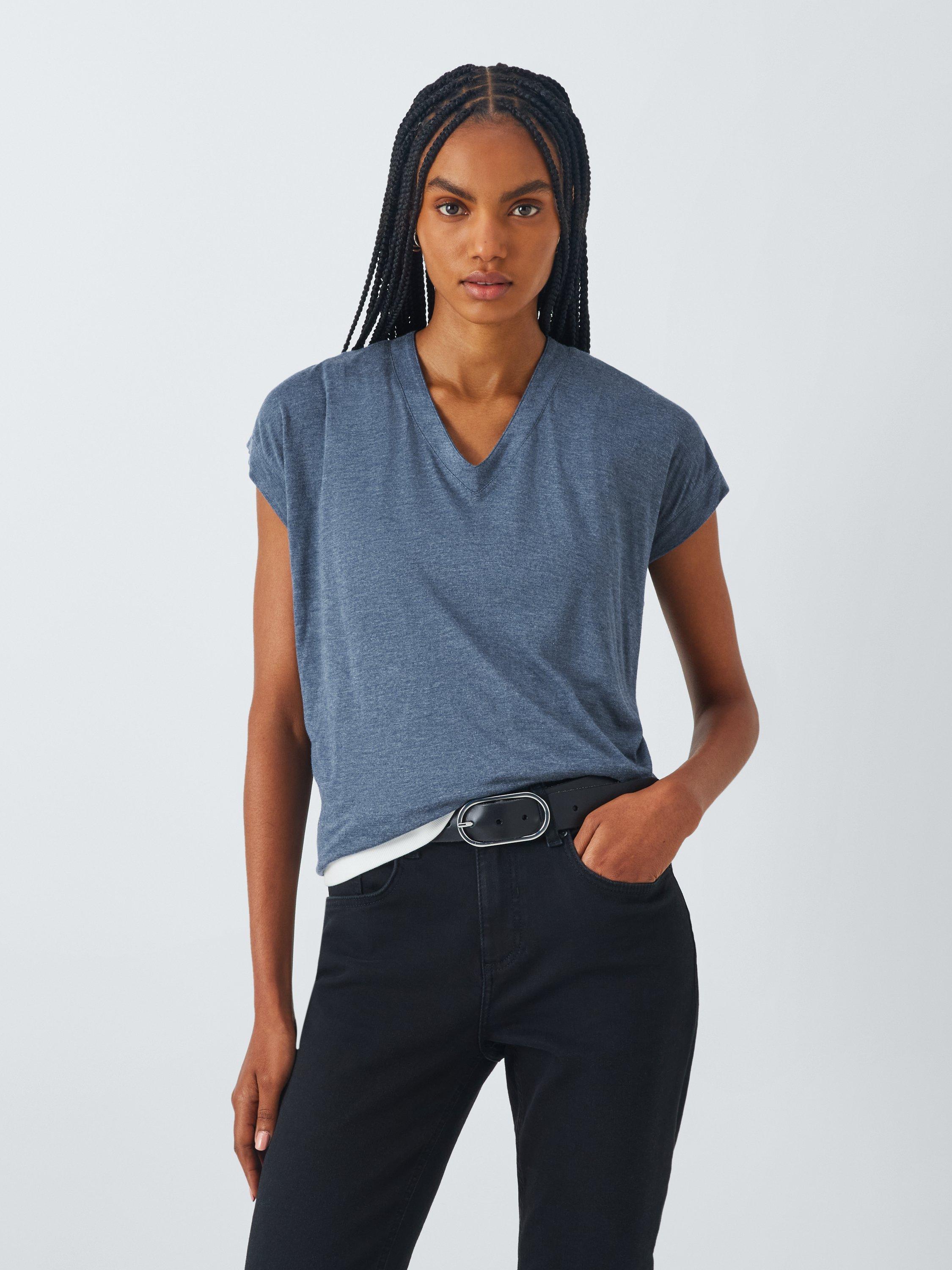 Product image 1 of 6, which shows AND/OR Cecile V-Neck T-Shirt, Blue Marl, 6