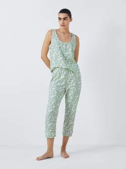 John Lewis Ines Leaf Print Crop Pyjama Set, Sage/White, Sage/White