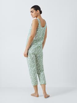 John Lewis Ines Leaf Print Crop Pyjama Set, Sage/White - view 2, Sage/White