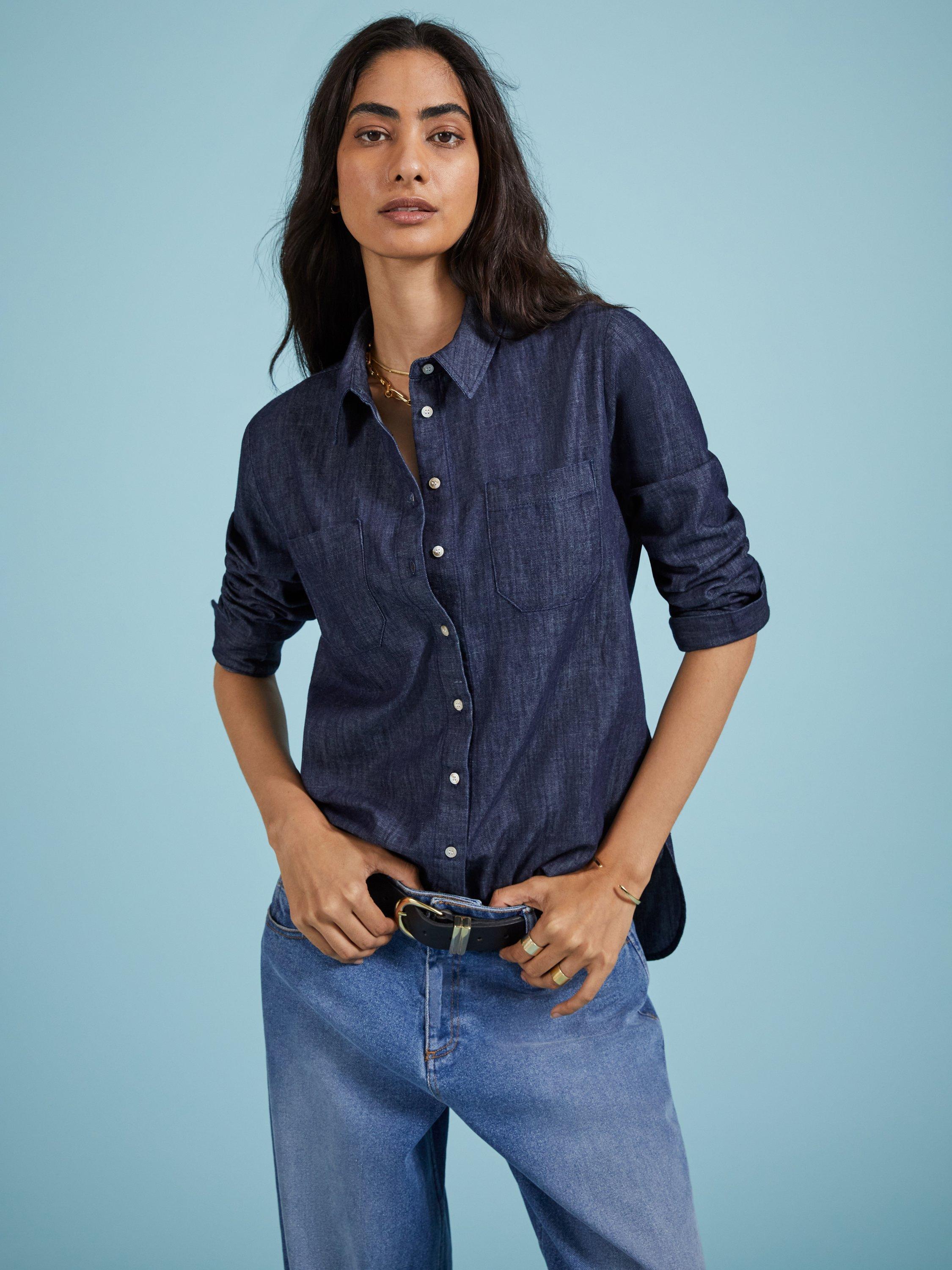 Product image 1 of 6, which shows Baukjen Hattie Organic Cotton Denim Shirt, Indigo, 10