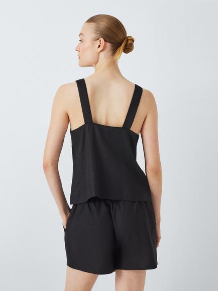 John Lewis Square Neck Linen Blend Shorty Pyjama Set, Black - view 2, Black
