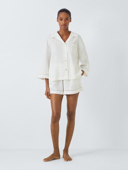 John Lewis Ladder Trim Linen Blend Shorty Pyjama Set, Ivory, Ivory