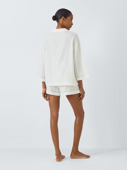 John Lewis Ladder Trim Linen Blend Shorty Pyjama Set, Ivory - view 2, Ivory