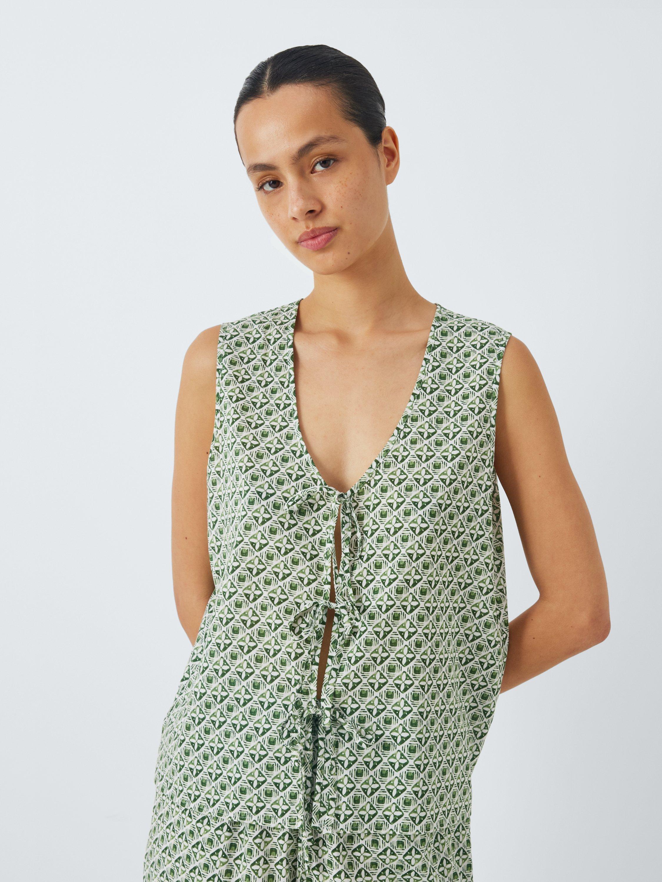 Product image 1 of 6, which shows AND/OR Porto Tile Tie Front Pyjama Vest Top, Ivory/Green, 10