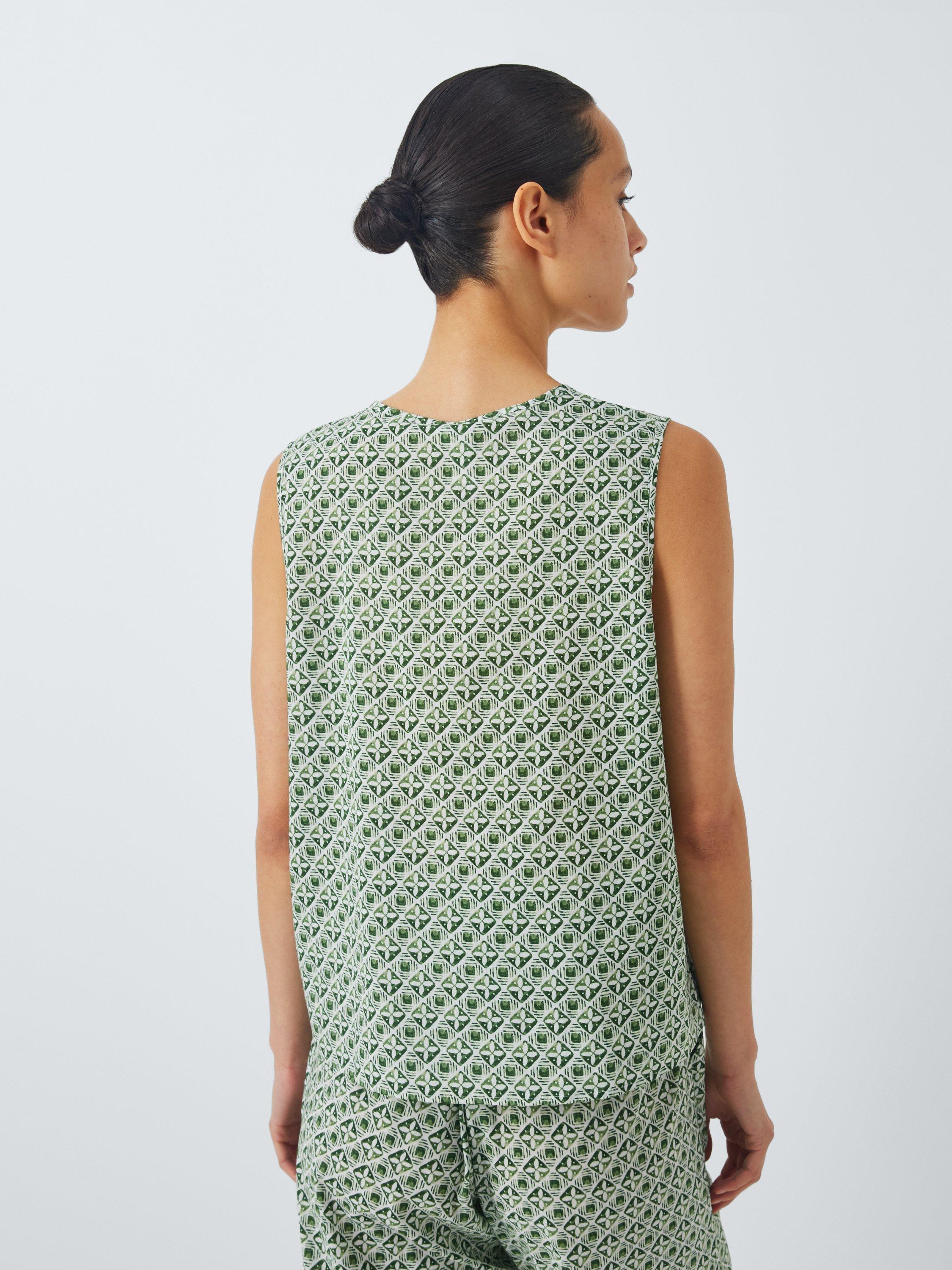 Product image 2 of 6, which shows AND/OR Porto Tile Tie Front Pyjama Vest Top, Ivory/Green, 10
