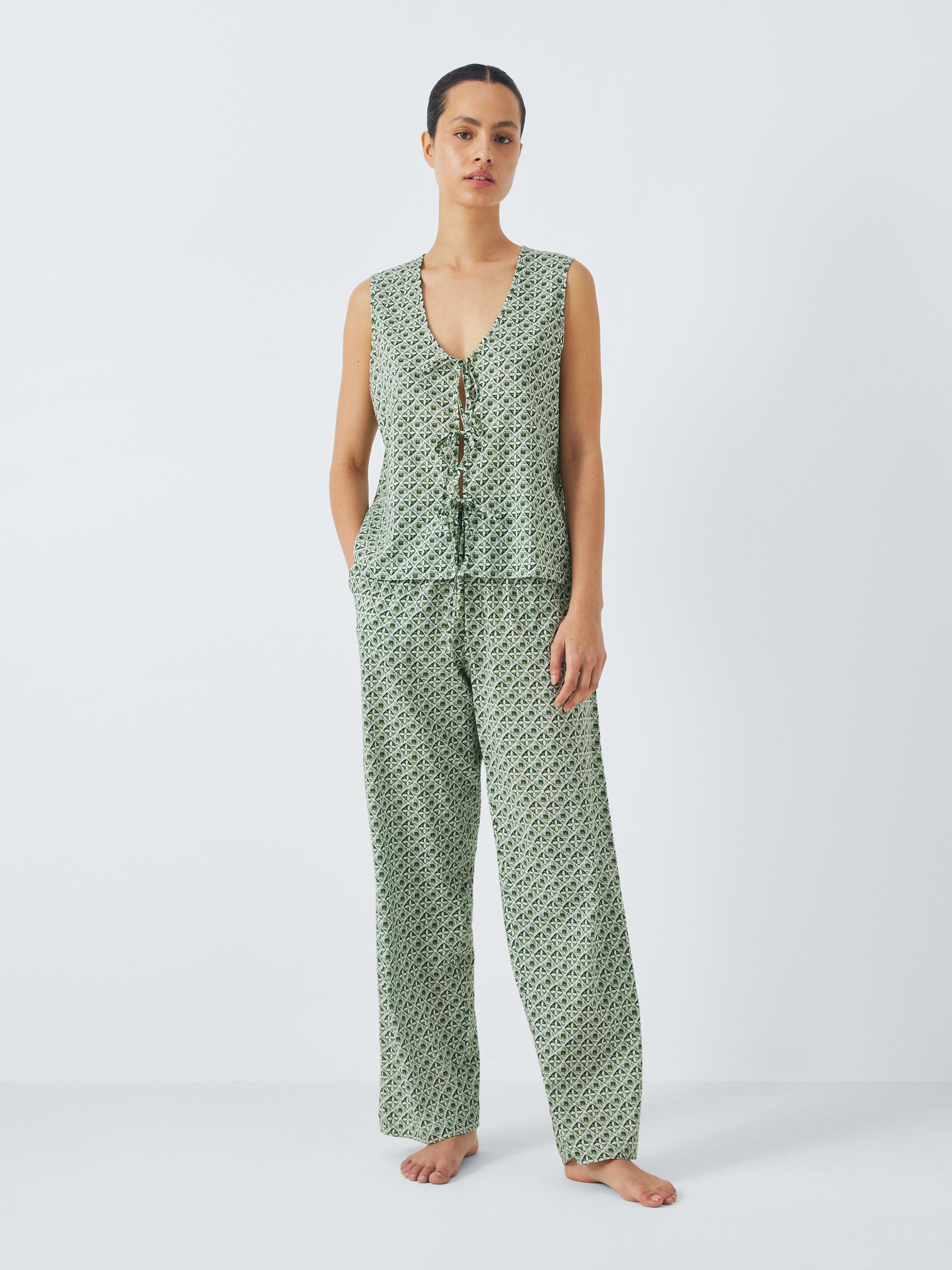 Product image 3 of 6, which shows AND/OR Porto Tile Tie Front Pyjama Vest Top, Ivory/Green, 10