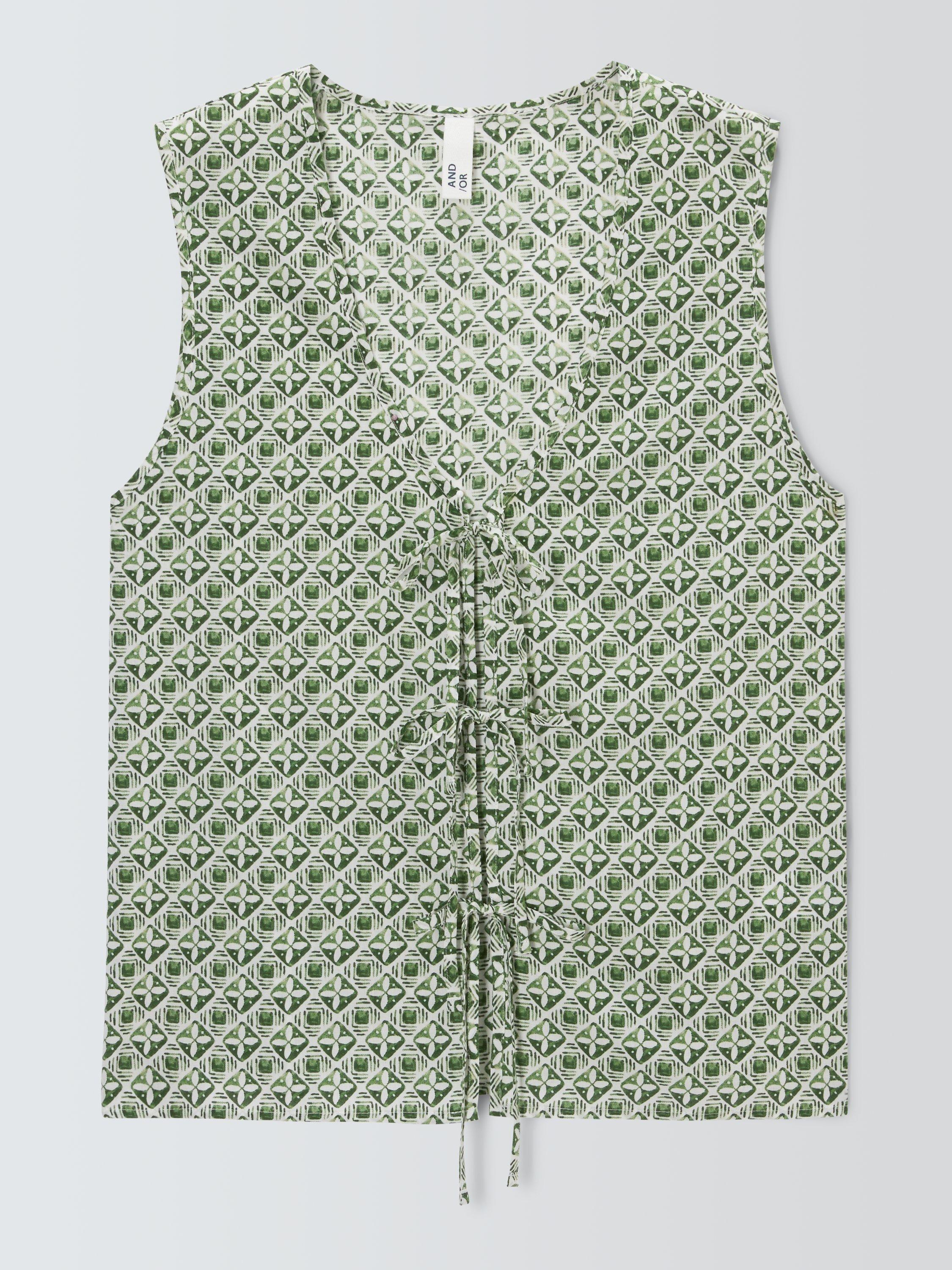 Product image 4 of 6, which shows AND/OR Porto Tile Tie Front Pyjama Vest Top, Ivory/Green, 10