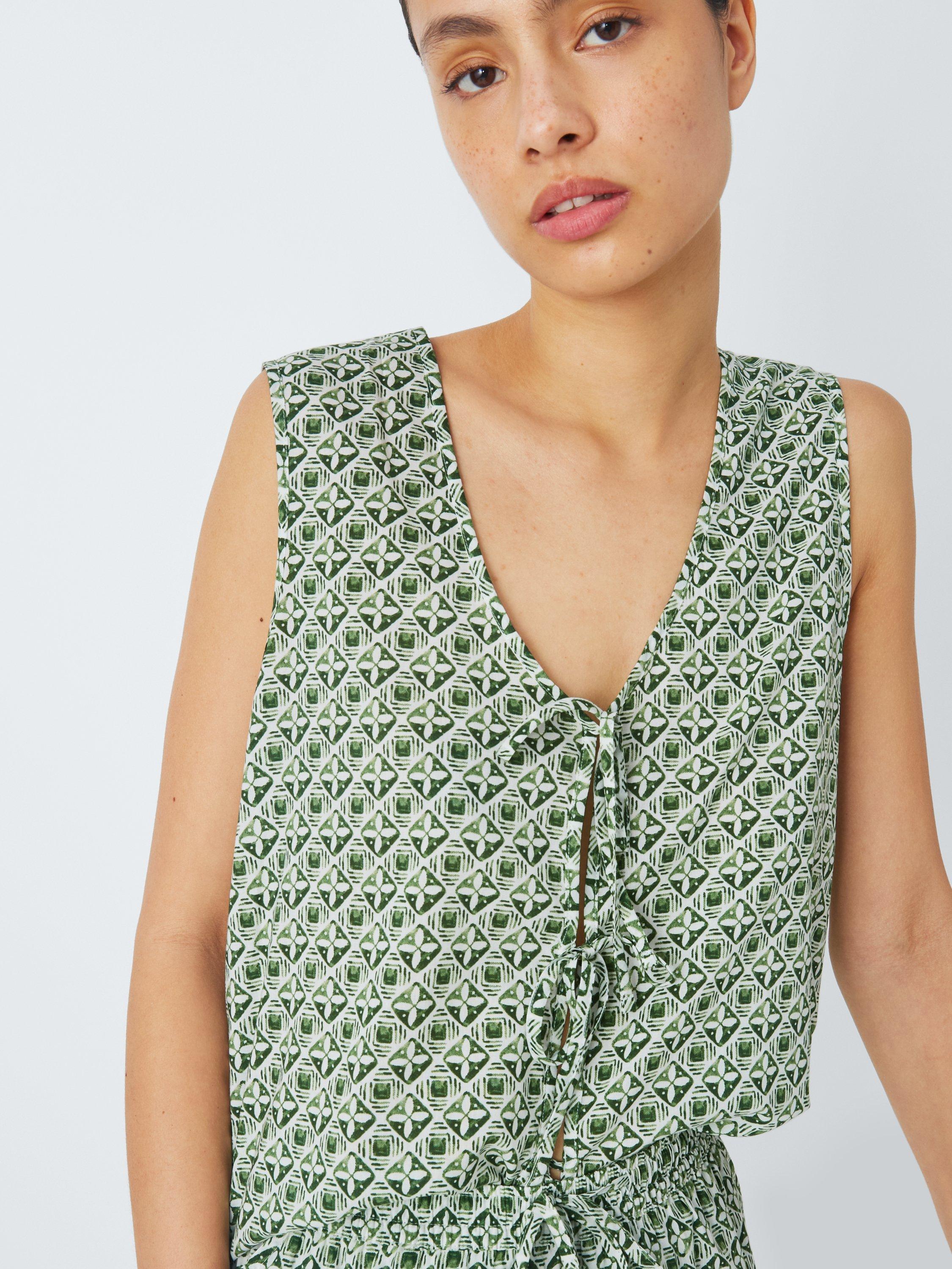 Product image 5 of 6, which shows AND/OR Porto Tile Tie Front Pyjama Vest Top, Ivory/Green, 10