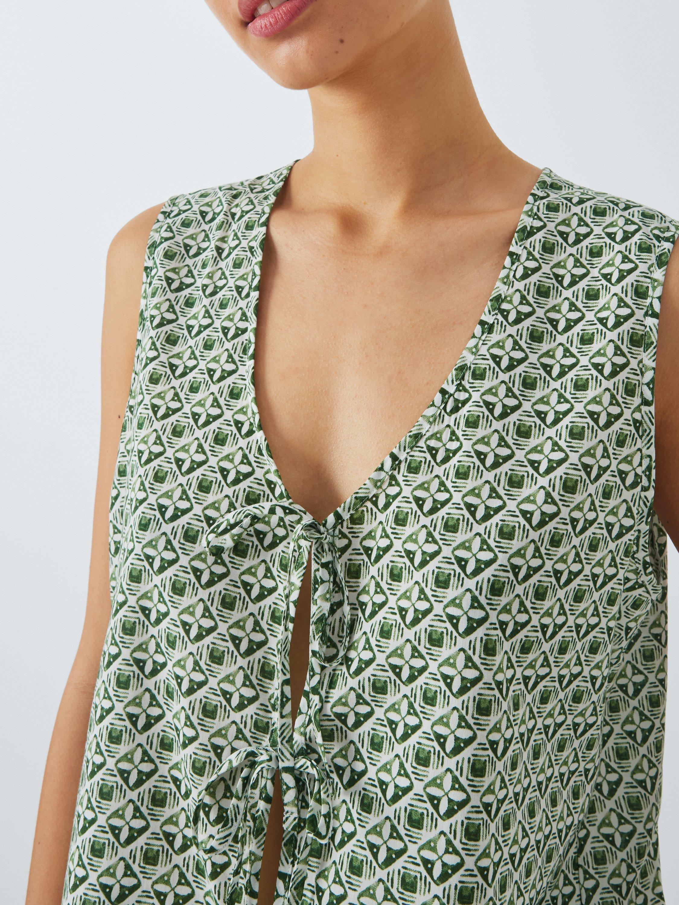 Product image 6 of 6, which shows AND/OR Porto Tile Tie Front Pyjama Vest Top, Ivory/Green, 10