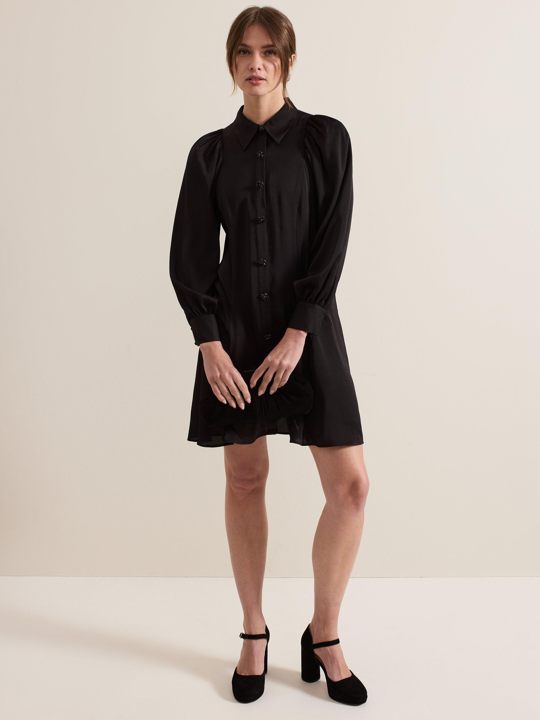 Product image 1 of 7, which shows Phase Eight Petite Tila Satin Shirt Dress, Black, 8