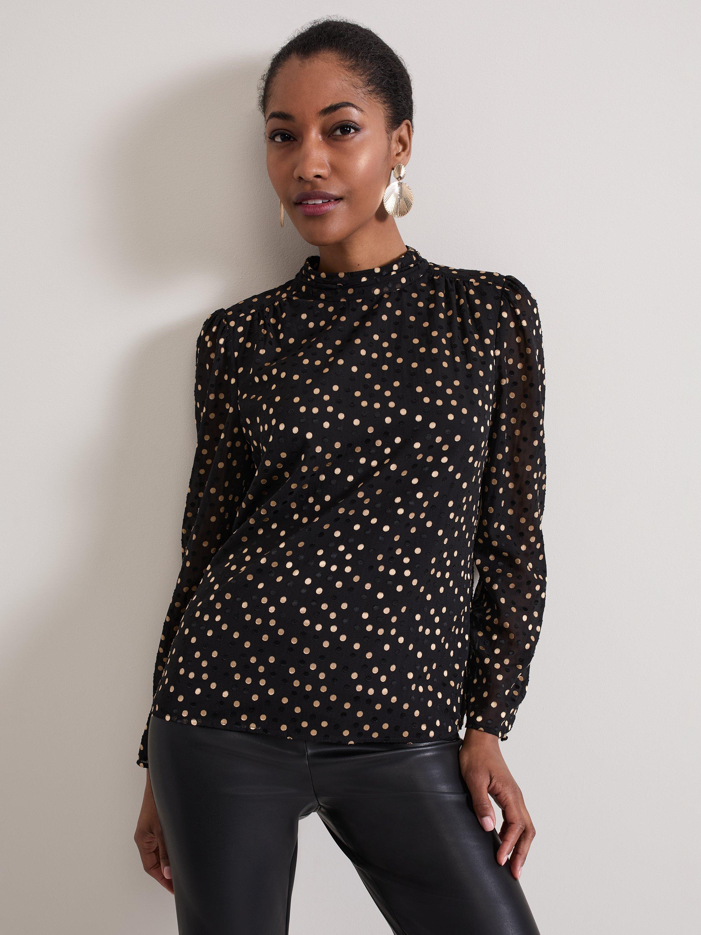 Phase Eight Jacey Polka Dot High Neck Blouse Black Gold