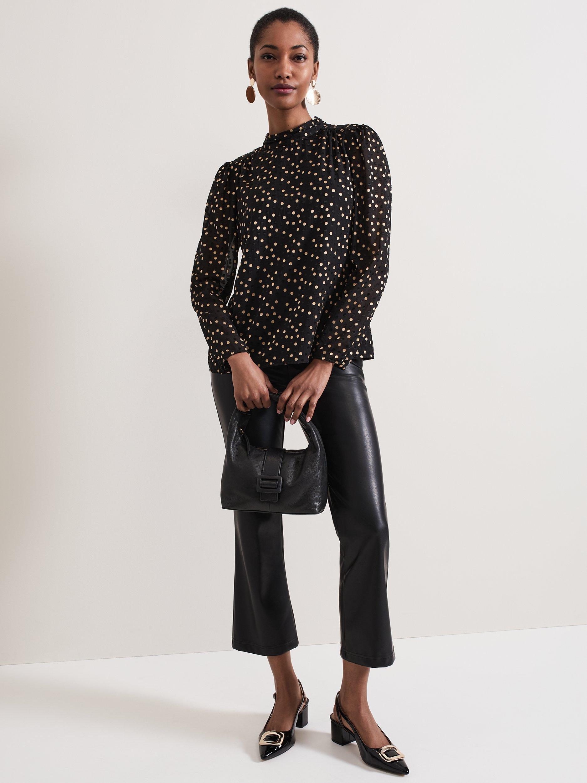 Product image 3 of 10, which shows Phase Eight Jacey Polka Dot High Neck Blouse, Black/Gold, 10