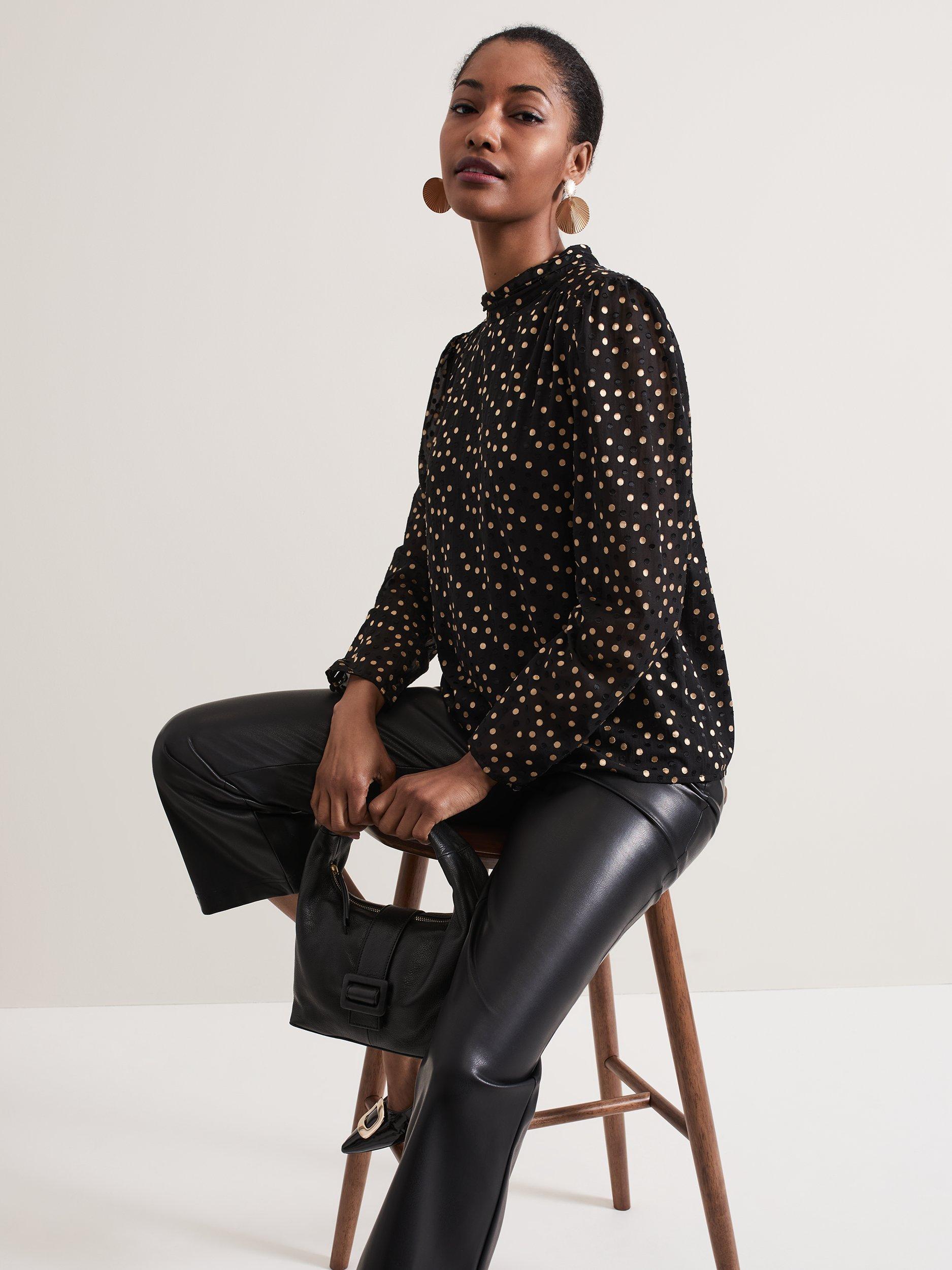 Product image 4 of 10, which shows Phase Eight Jacey Polka Dot High Neck Blouse, Black/Gold, 10