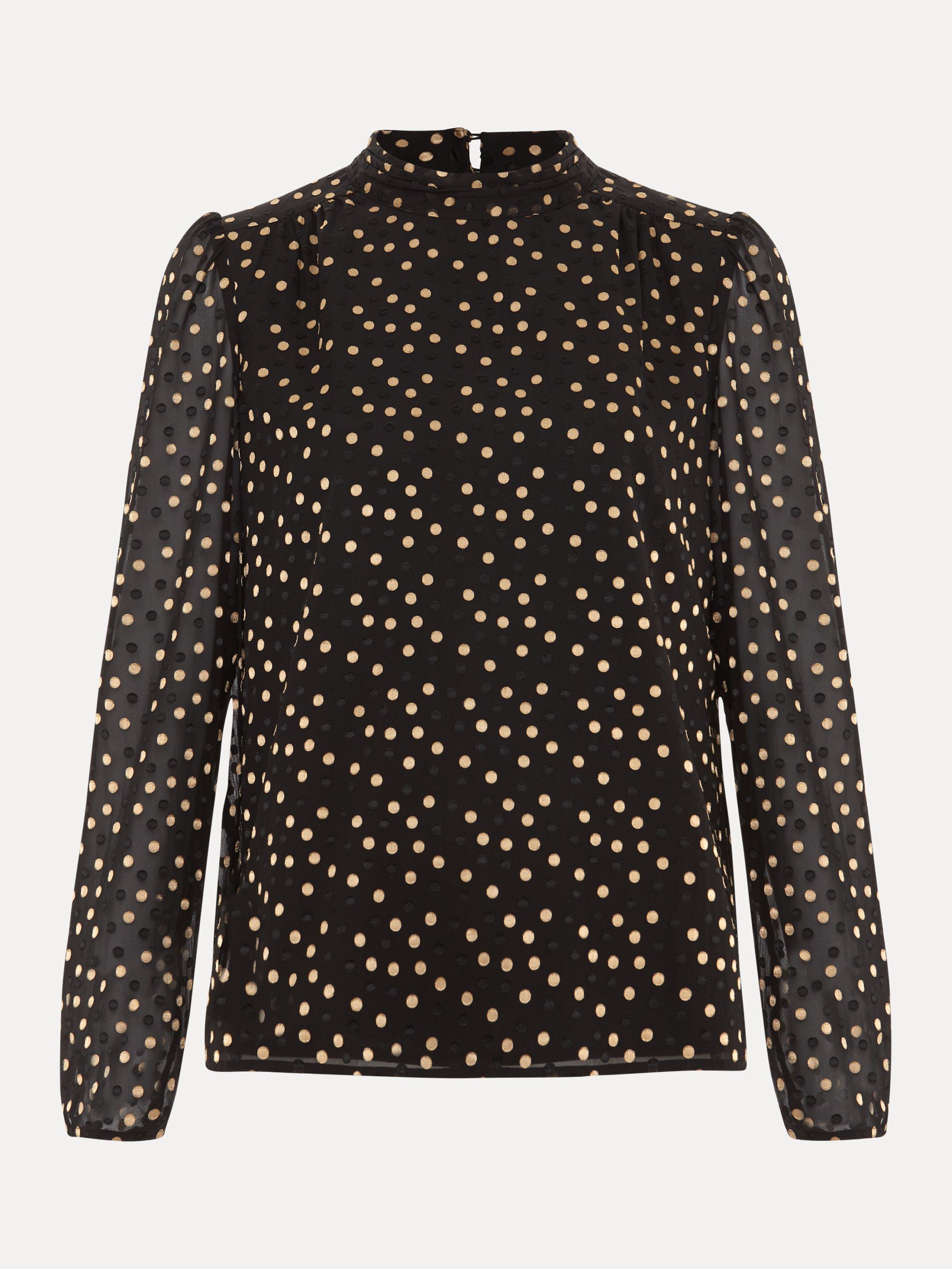 Product image 5 of 10, which shows Phase Eight Jacey Polka Dot High Neck Blouse, Black/Gold, 10