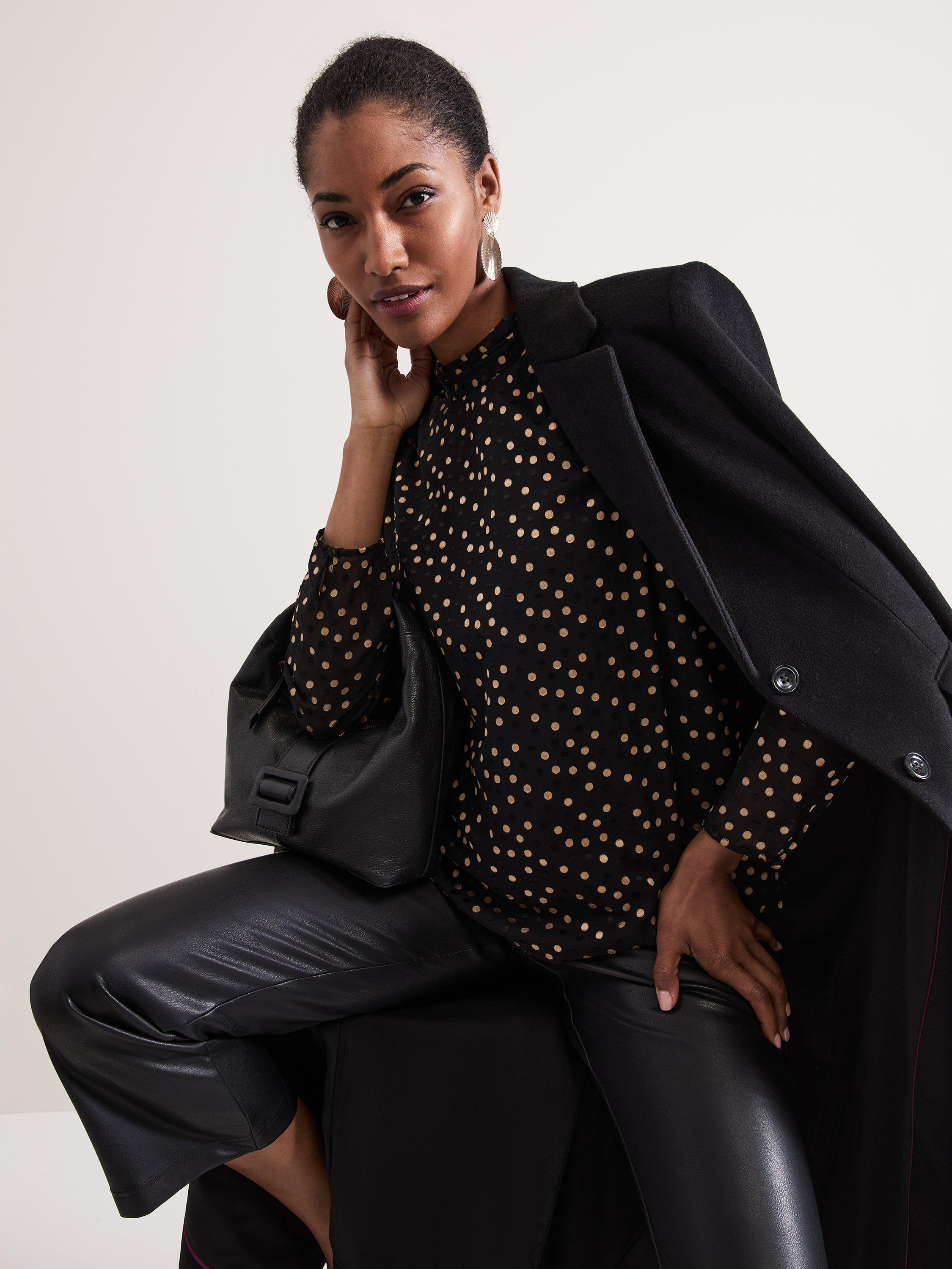 Product image 9 of 10, which shows Phase Eight Jacey Polka Dot High Neck Blouse, Black/Gold, 10