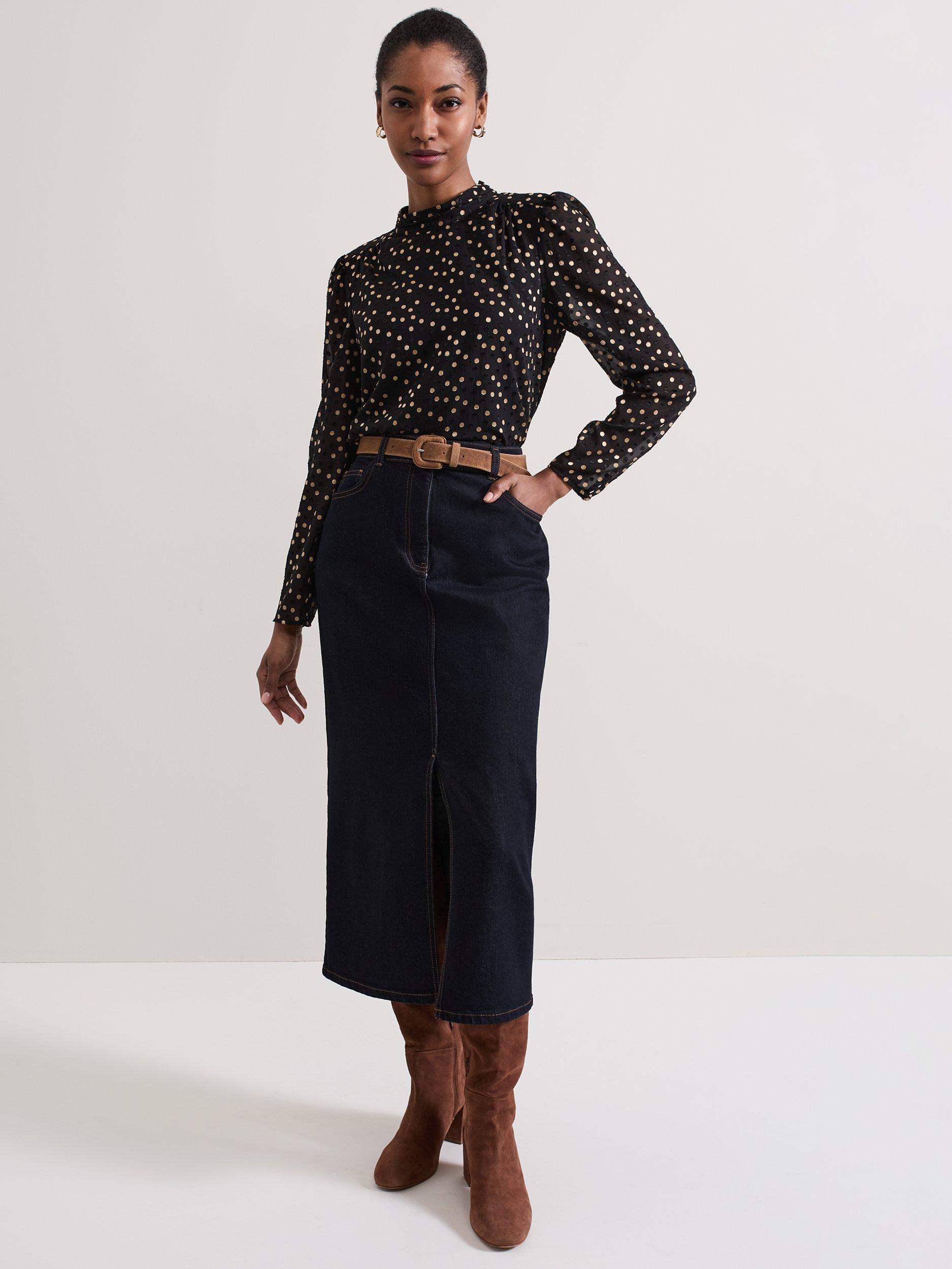 Product image 10 of 10, which shows Phase Eight Jacey Polka Dot High Neck Blouse, Black/Gold, 10