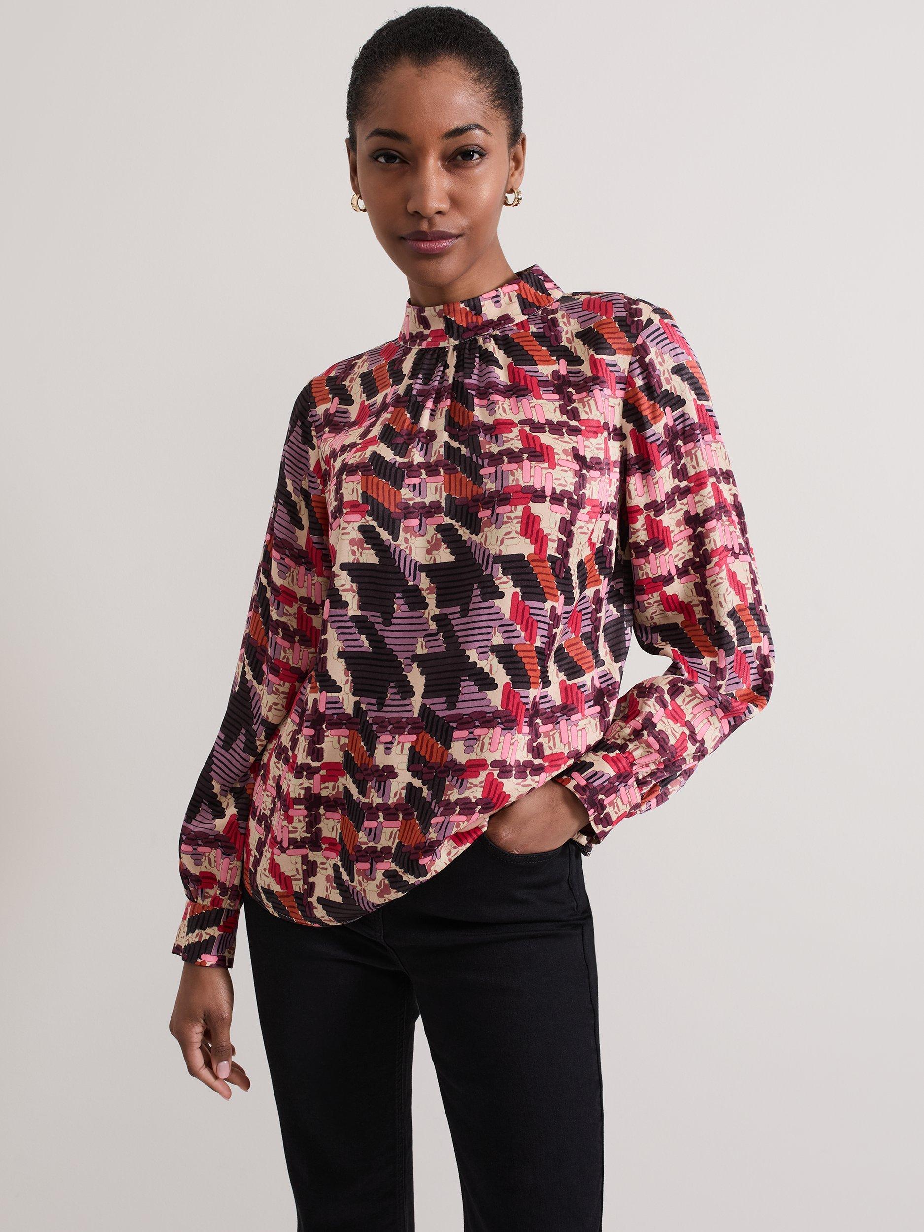 Product image 1 of 8, which shows Phase Eight Lyla Dogtooth Satin Blouse, Multi, 10