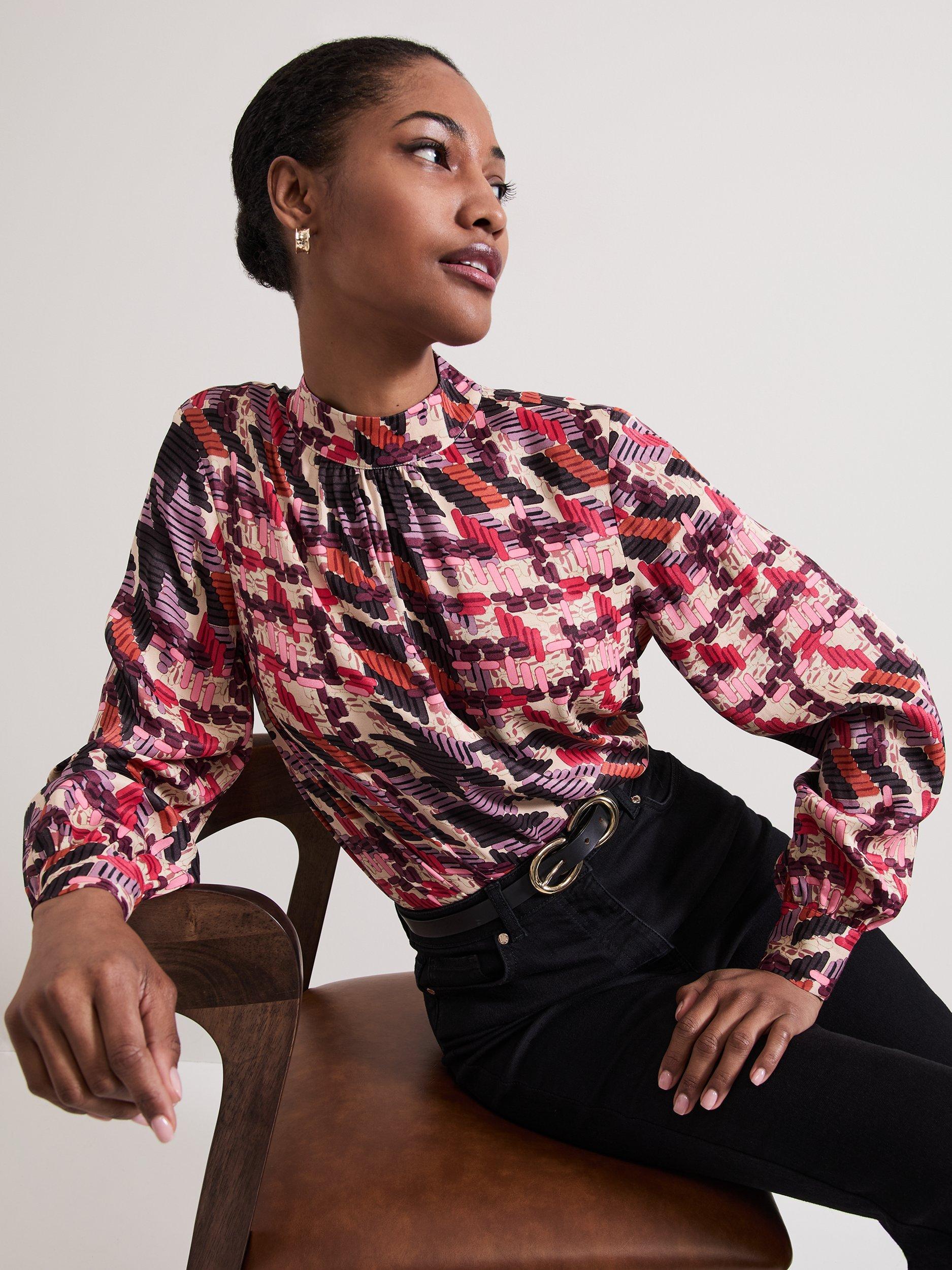 Product image 4 of 8, which shows Phase Eight Lyla Dogtooth Satin Blouse, Multi, 10