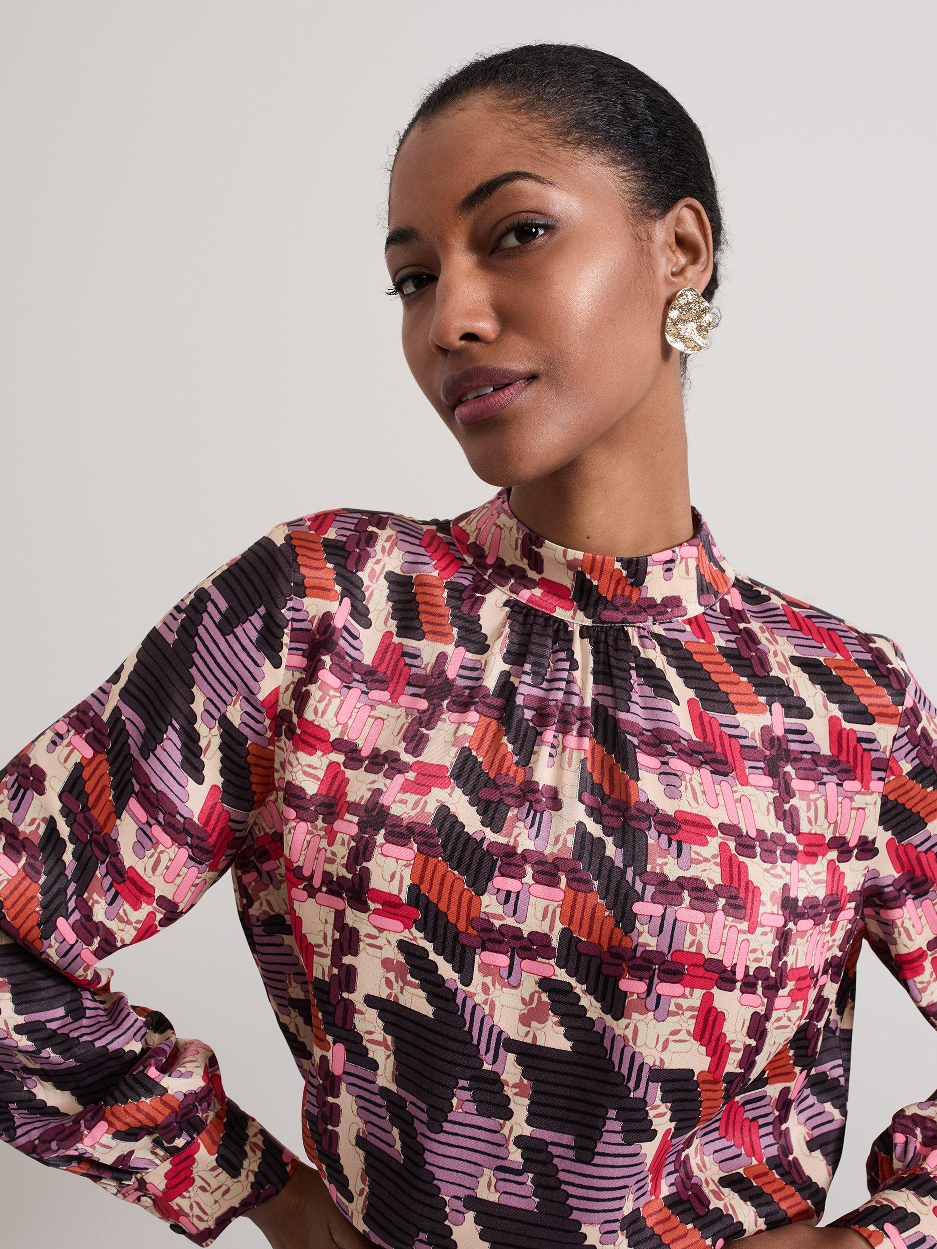 Product image 7 of 8, which shows Phase Eight Lyla Dogtooth Satin Blouse, Multi, 10